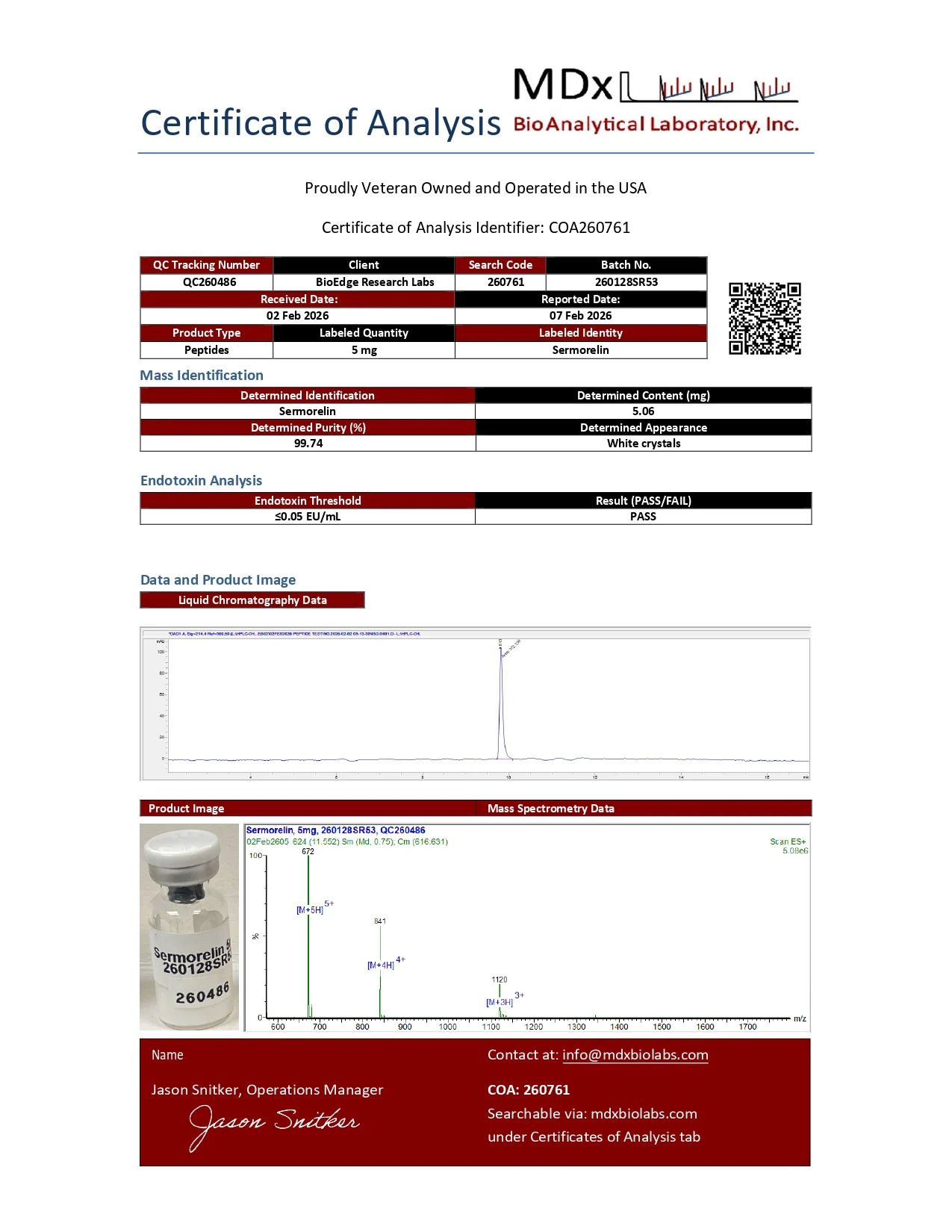 Certificate of Analysis for Sermorelin (5mg) from BioEdge Research Labs