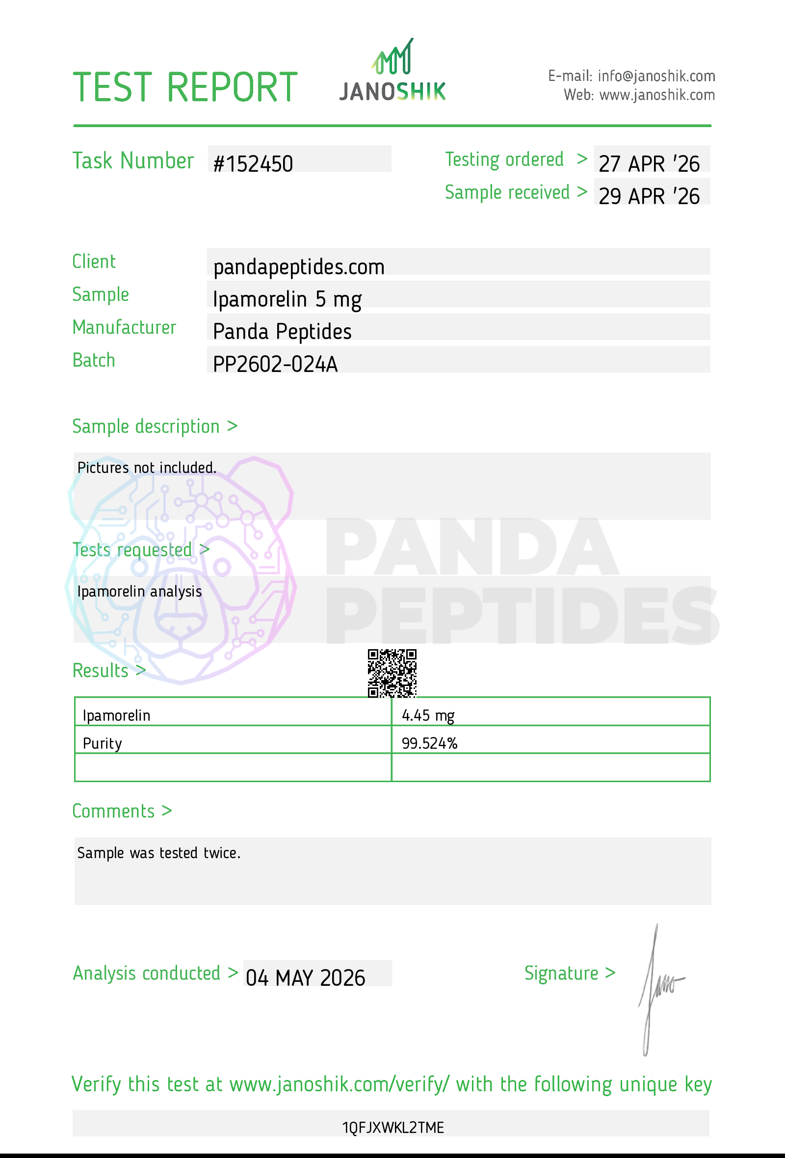 Certificate of Analysis for Ipamorelin from Panda Peptides