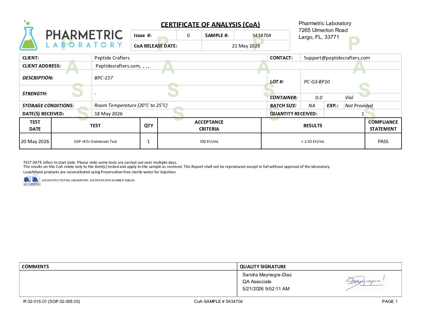 Certificate of Analysis for BPC-157 (10mg) from Peptide Crafters