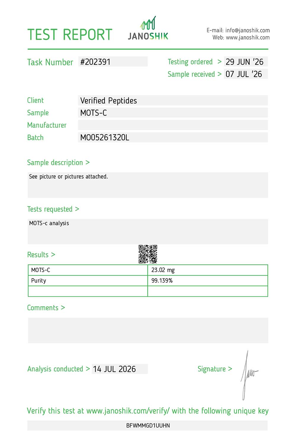 Certificate of Analysis for MOTS-C Peptide (20MG) from Verified Peptides