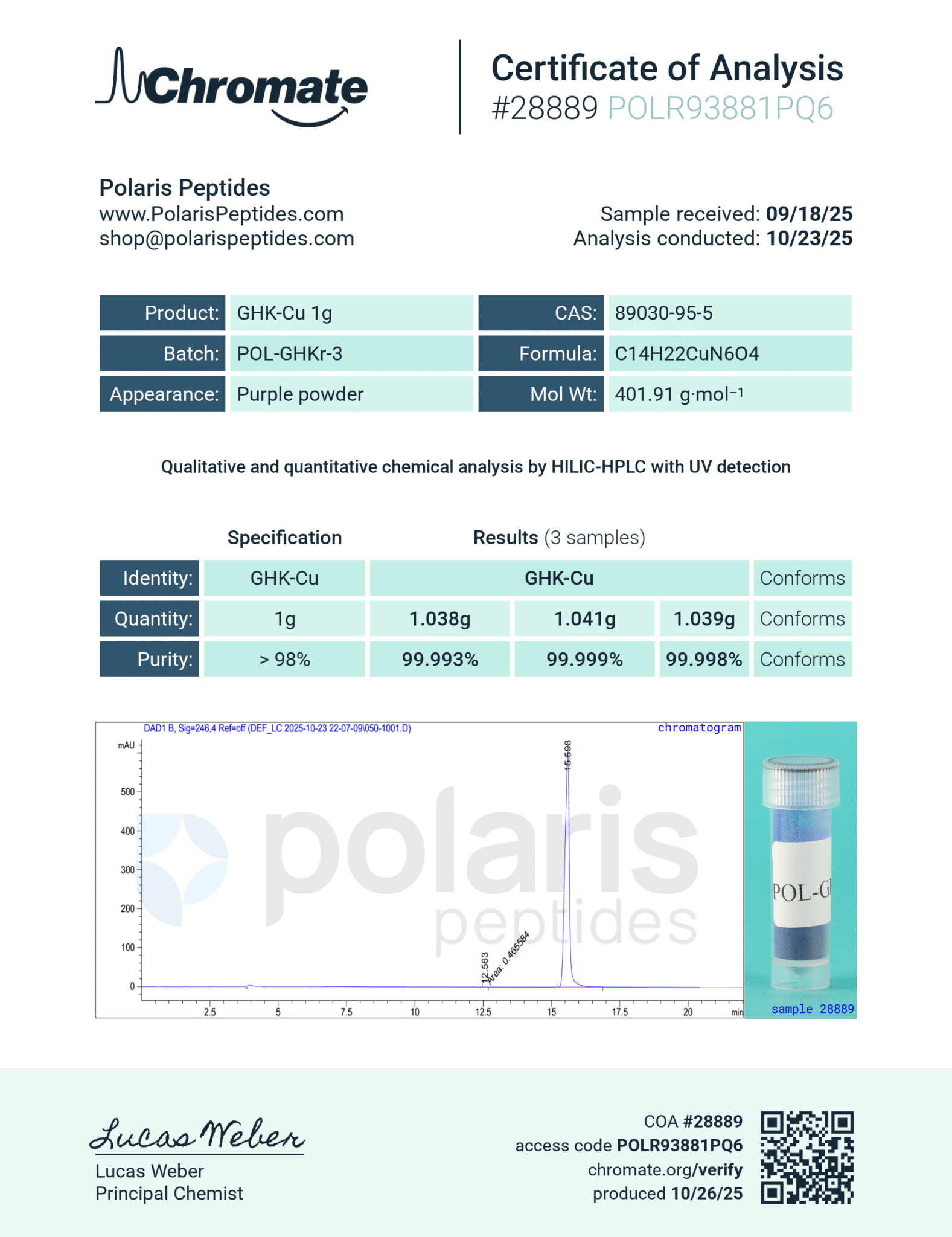 Certificate of Analysis for GHK-Cu Raw Powder 1g (Topical Research Applications) from Polaris Peptides
