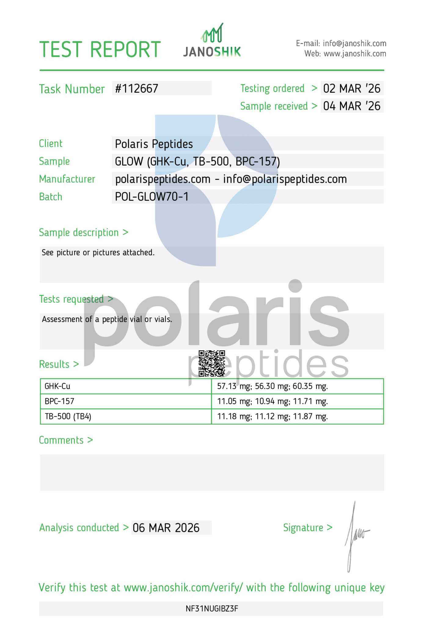 Certificate of Analysis for GLOW 70: GHK-cu 50mg, TB-500 10mg, BPC-157 10mg Blend from Polaris Peptides