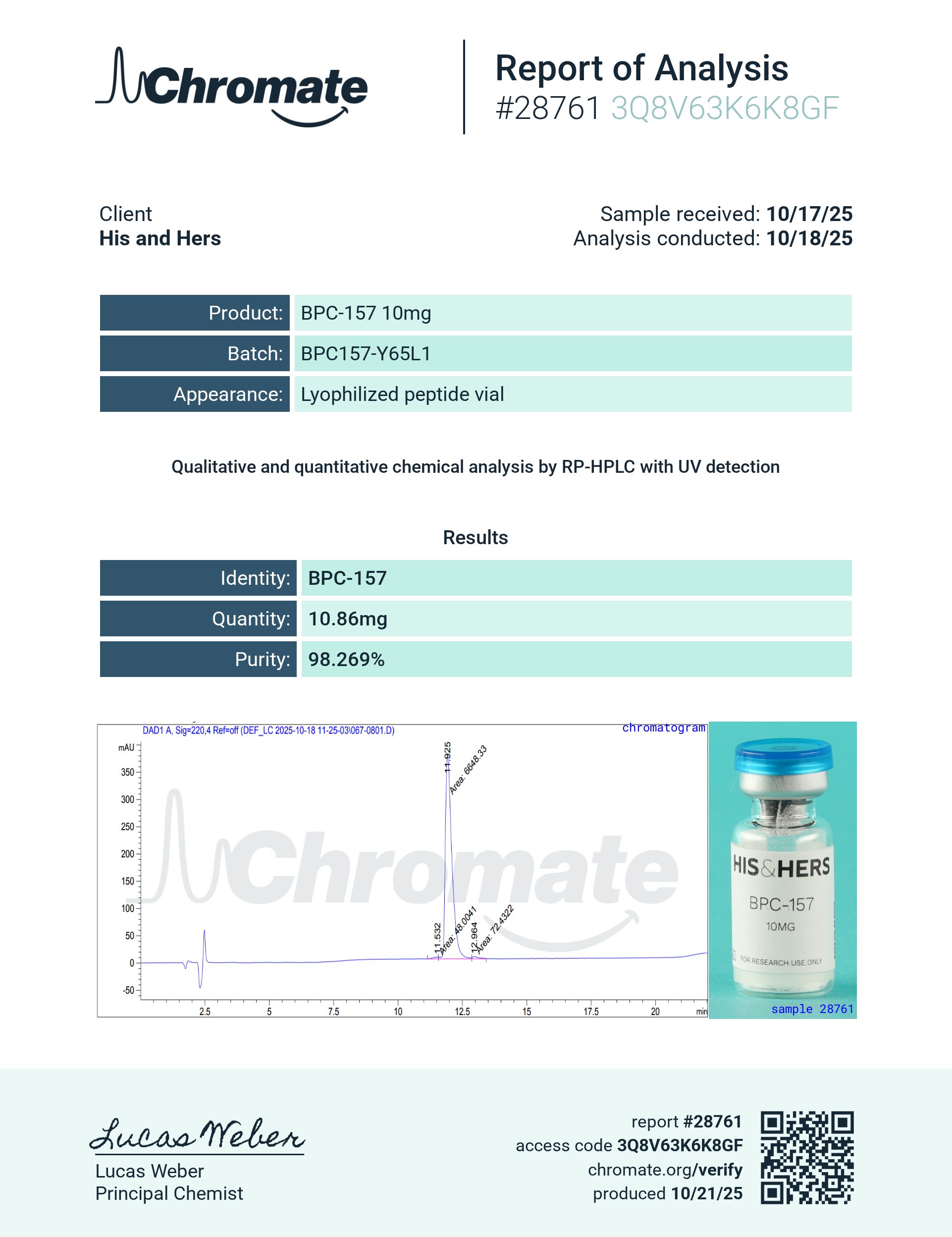 Certificate of Analysis for BPC-157 10mg from VAYN