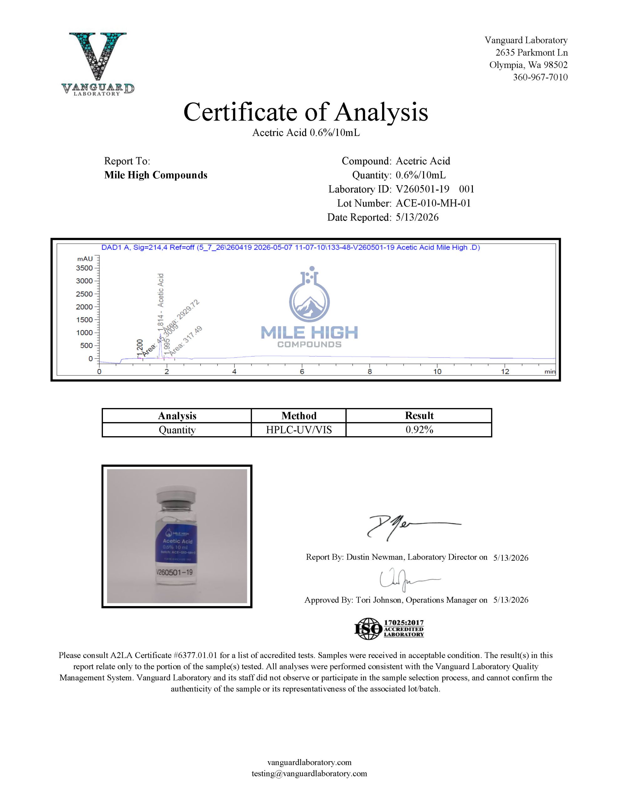 Certificate of Analysis for Acetic Acid from Mile High Compounds