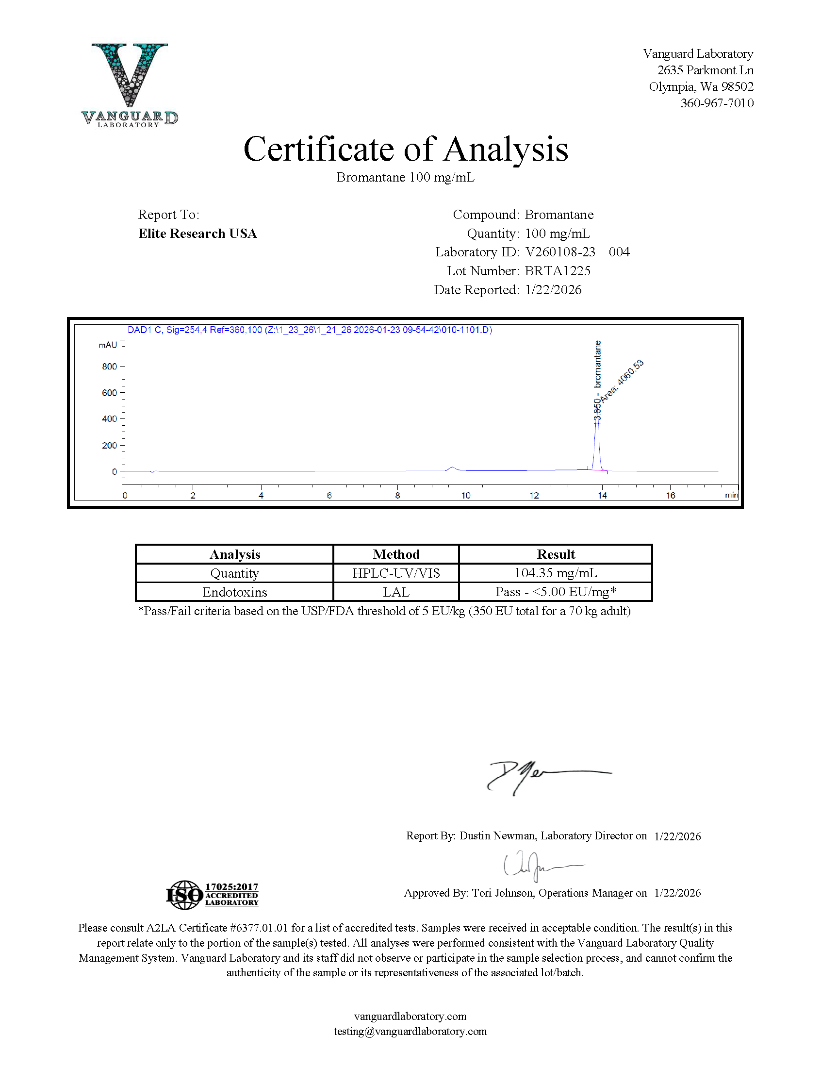 Certificate of Analysis for Vanguard Laboratory COA from Elite Research USA