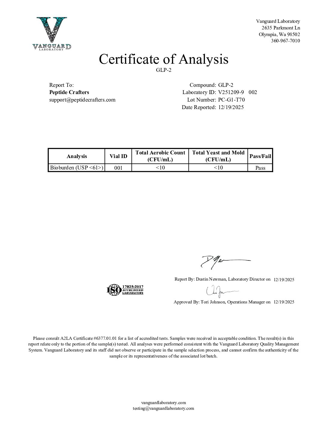Certificate of Analysis for GLP-2 (T) 70mg - Standard 3mL Capacity Vial from Peptide Crafters