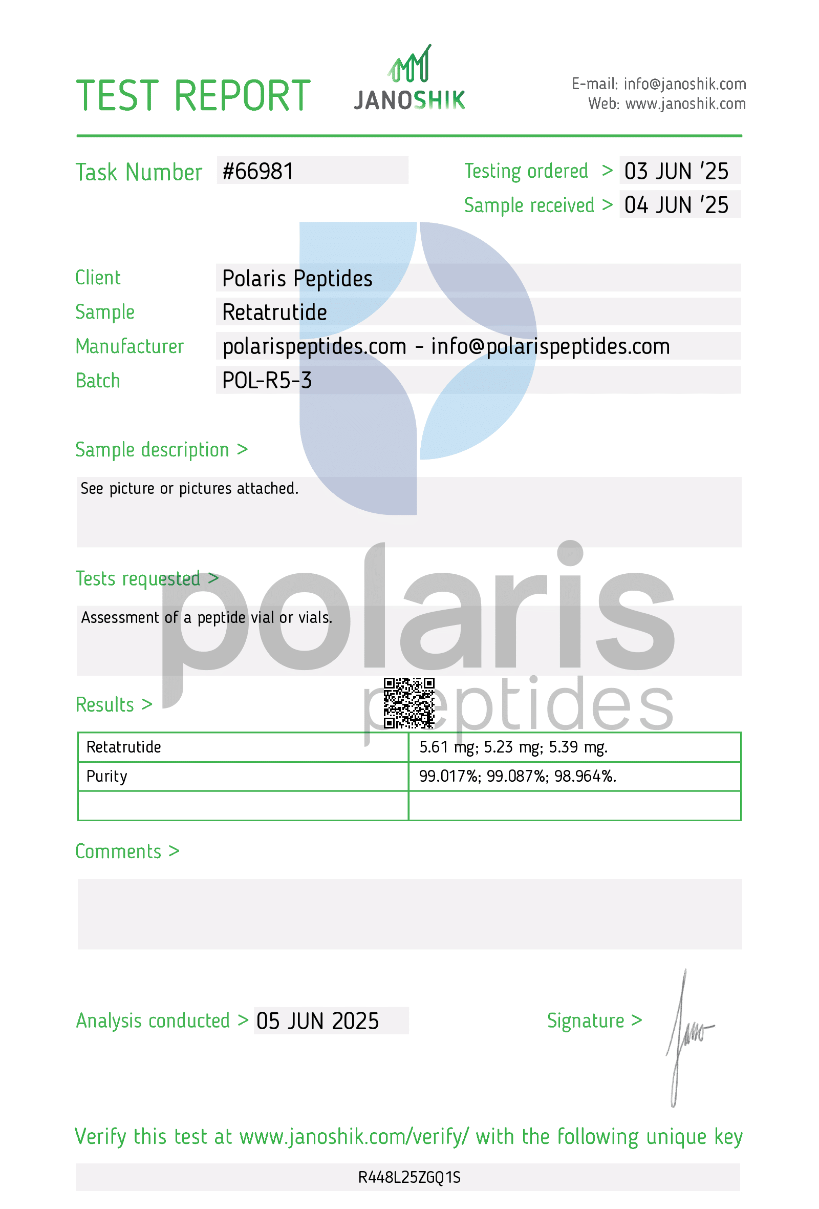 Certificate of Analysis for Retatrutide 5mg from Polaris Peptides