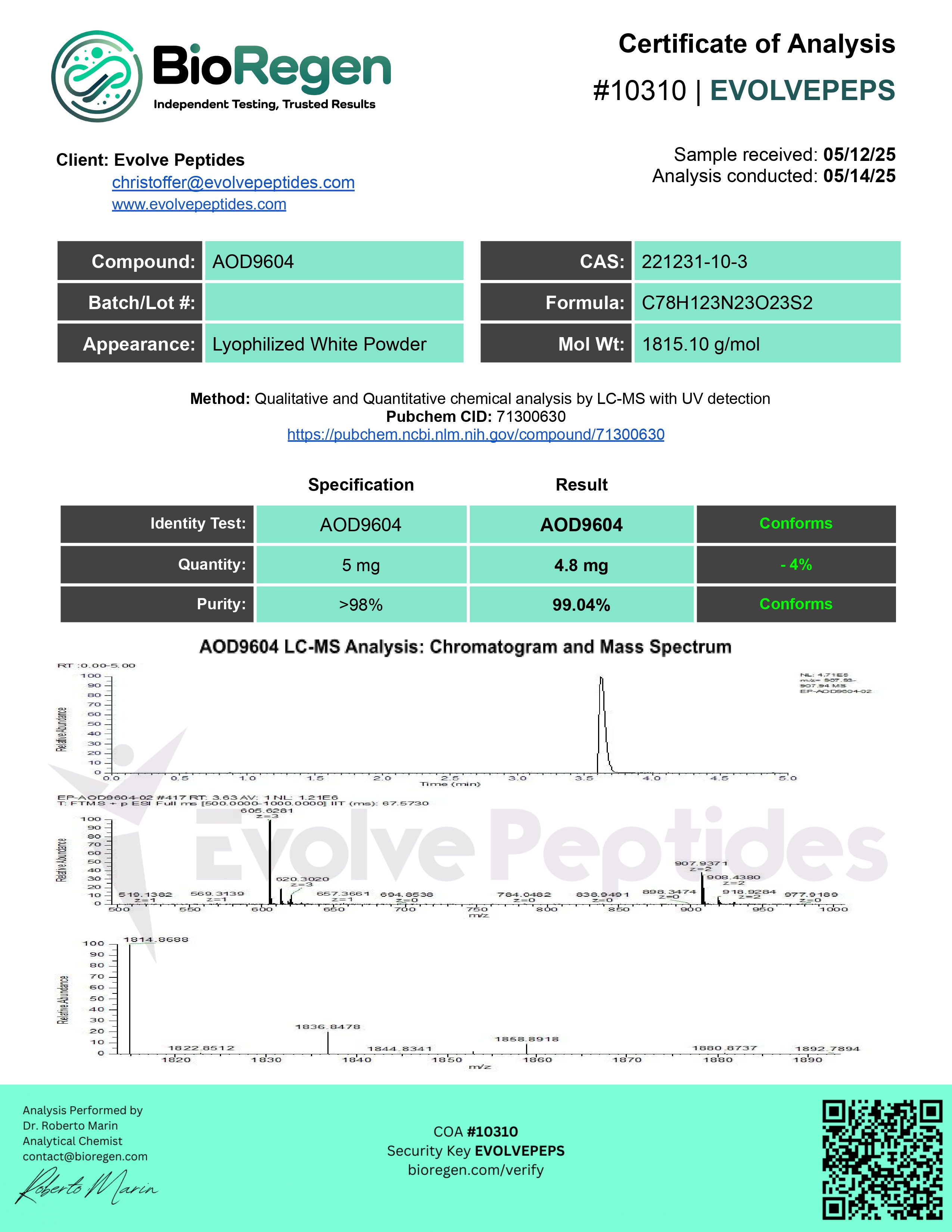 Certificate of Analysis for AOD-9604 (5mg) from Evolve Peptides
