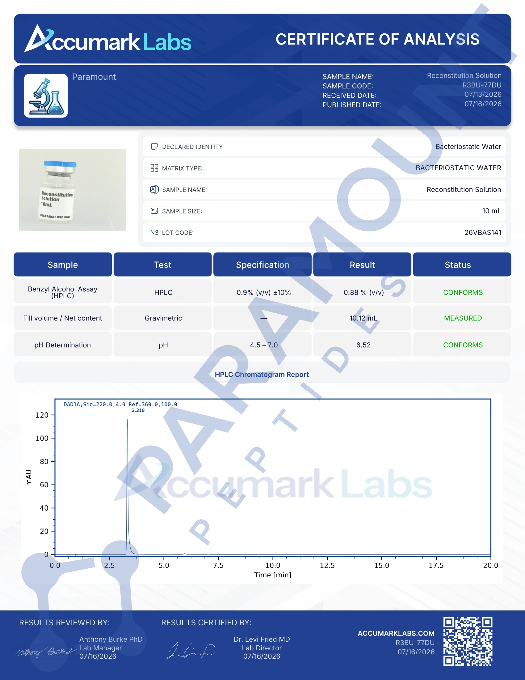 Certificate of Analysis for Buy Reconstitution Solution 10mL | Paramount Peptides from Paramount Peptides