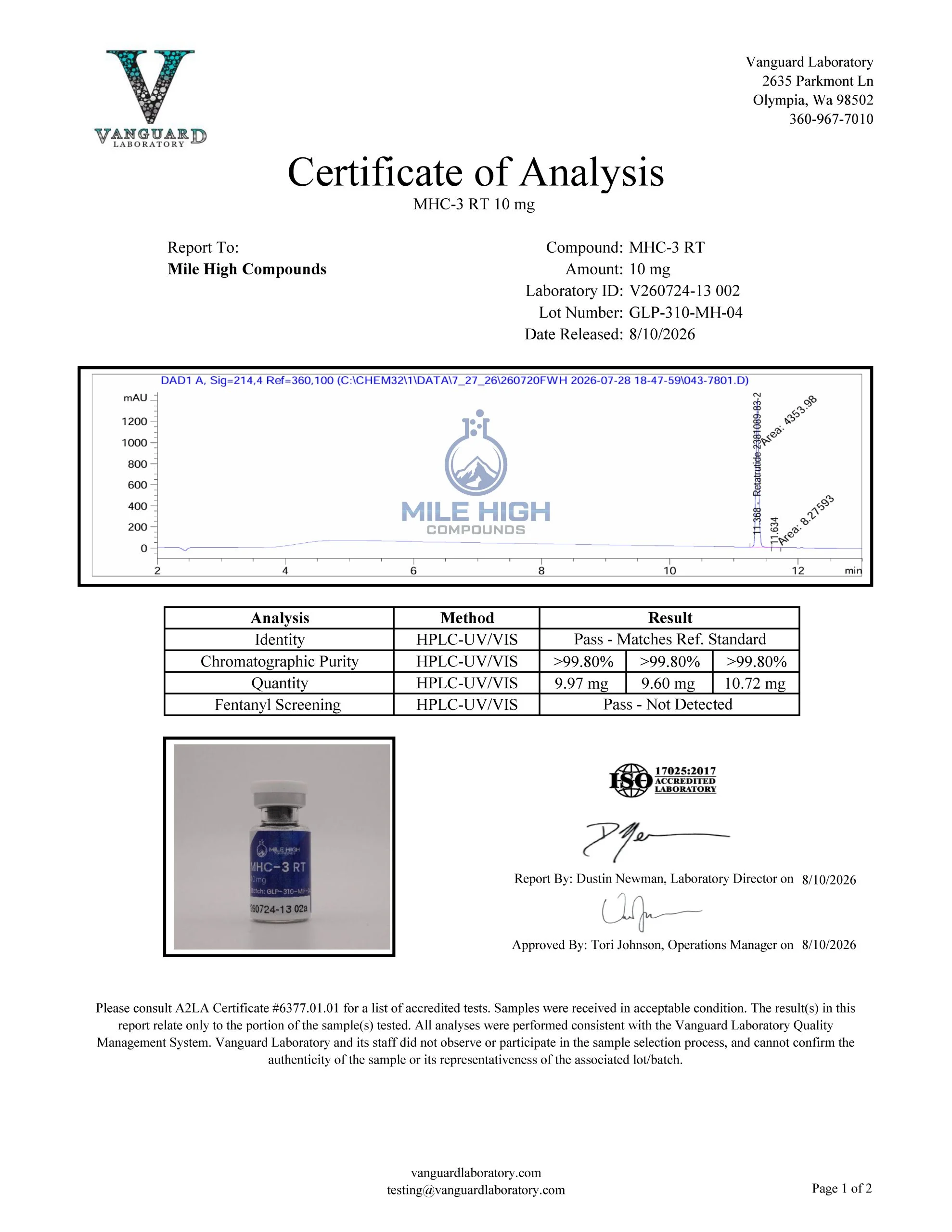 Certificate of Analysis for Mhc 3 Rt from Mile High Compounds