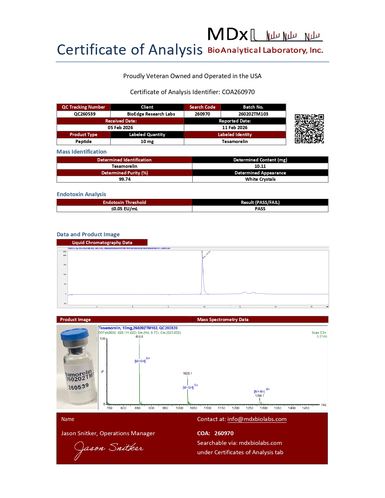 Certificate of Analysis for Tesamorelin from BioEdge Research Labs