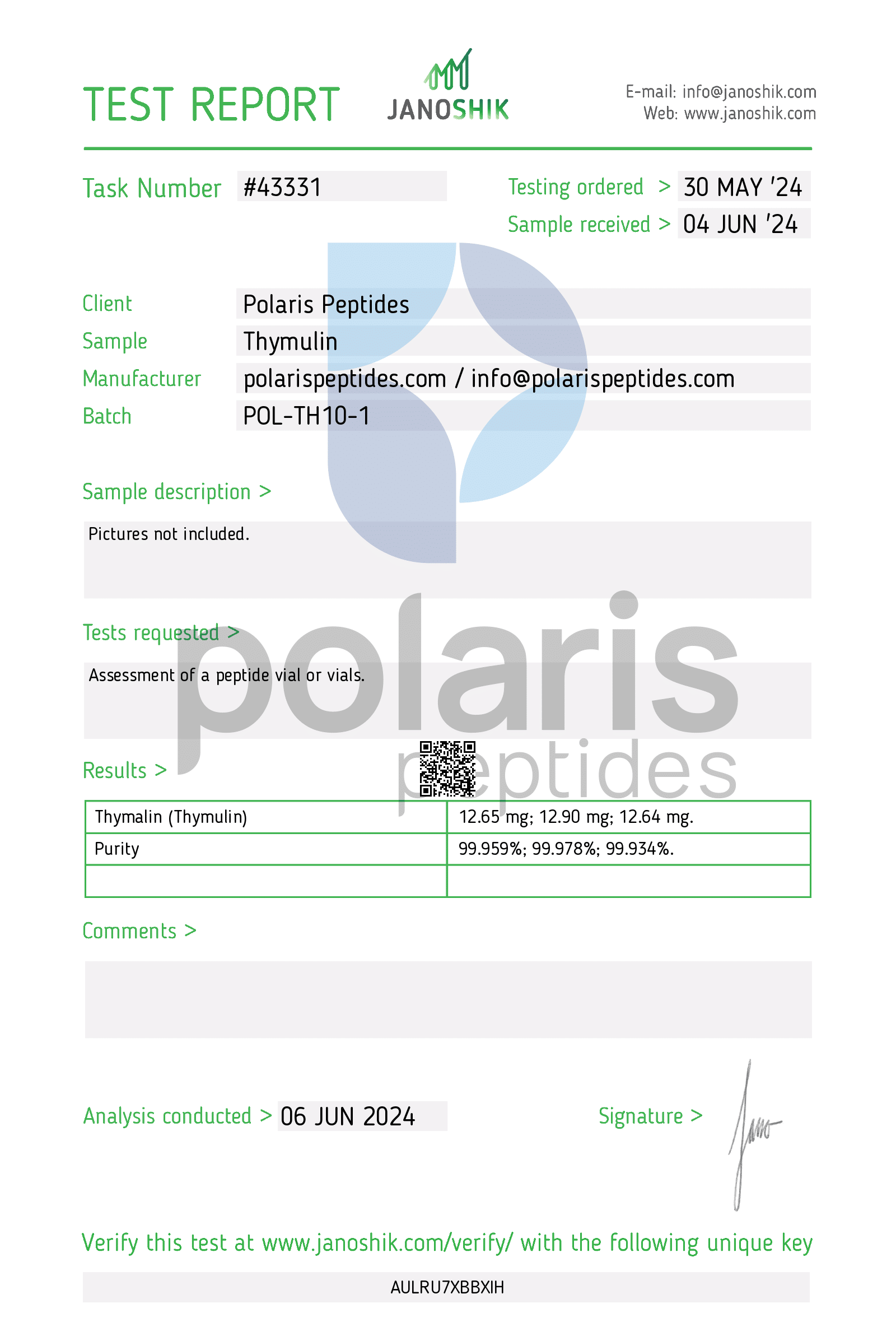 Certificate of Analysis for Thymulin 10mg from Polaris Peptides