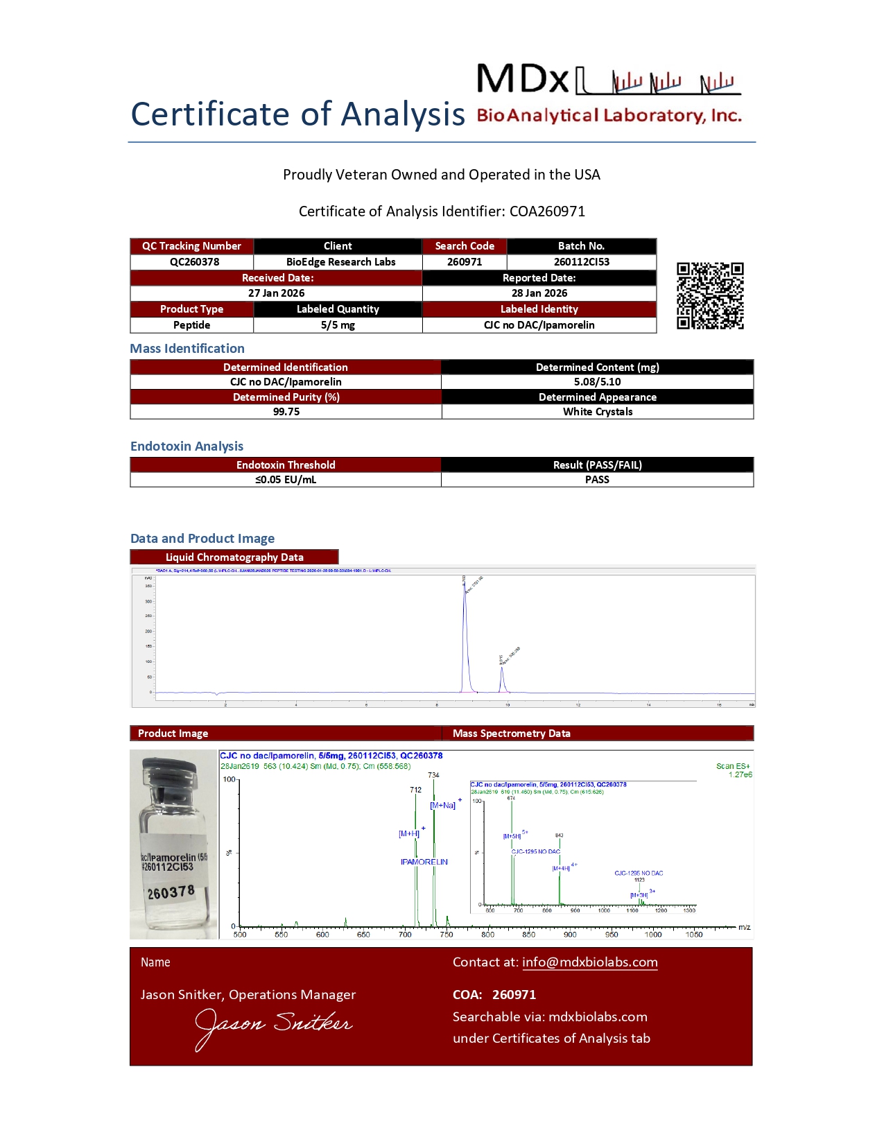 Certificate of Analysis for CJC 1295 No Dac + Ipamorelin from BioEdge Research Labs