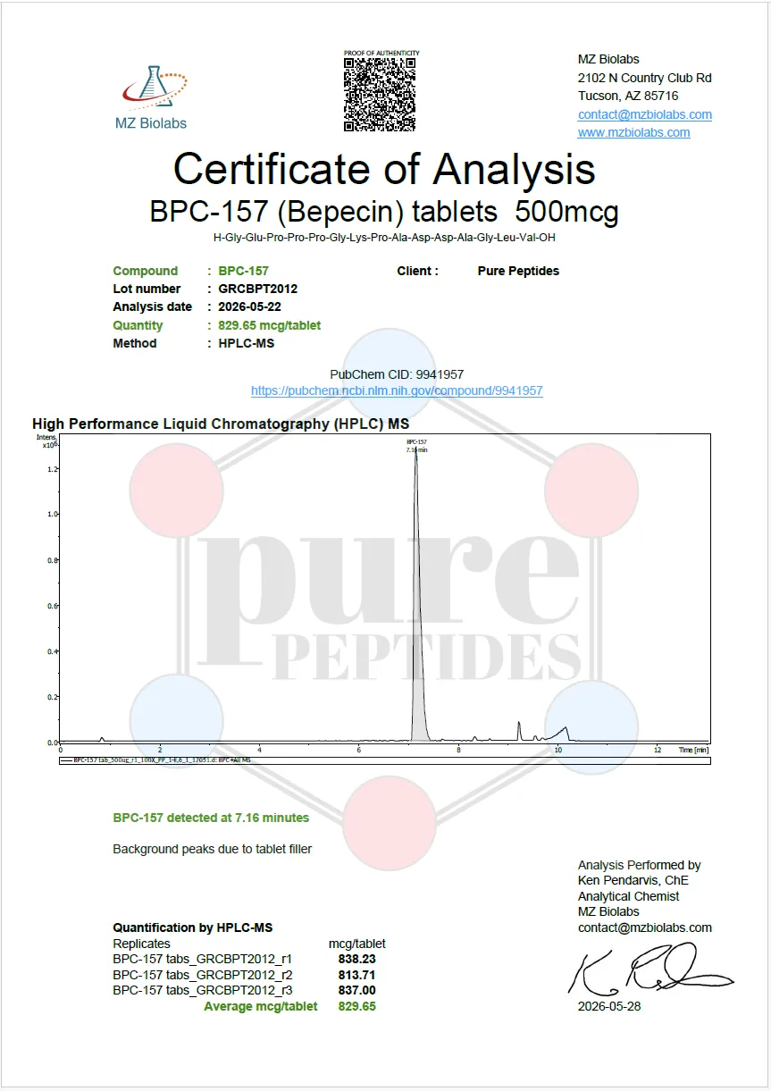 Certificate of Analysis for BPC 157 ARGININE TABLETS from Pure Peptides Bio