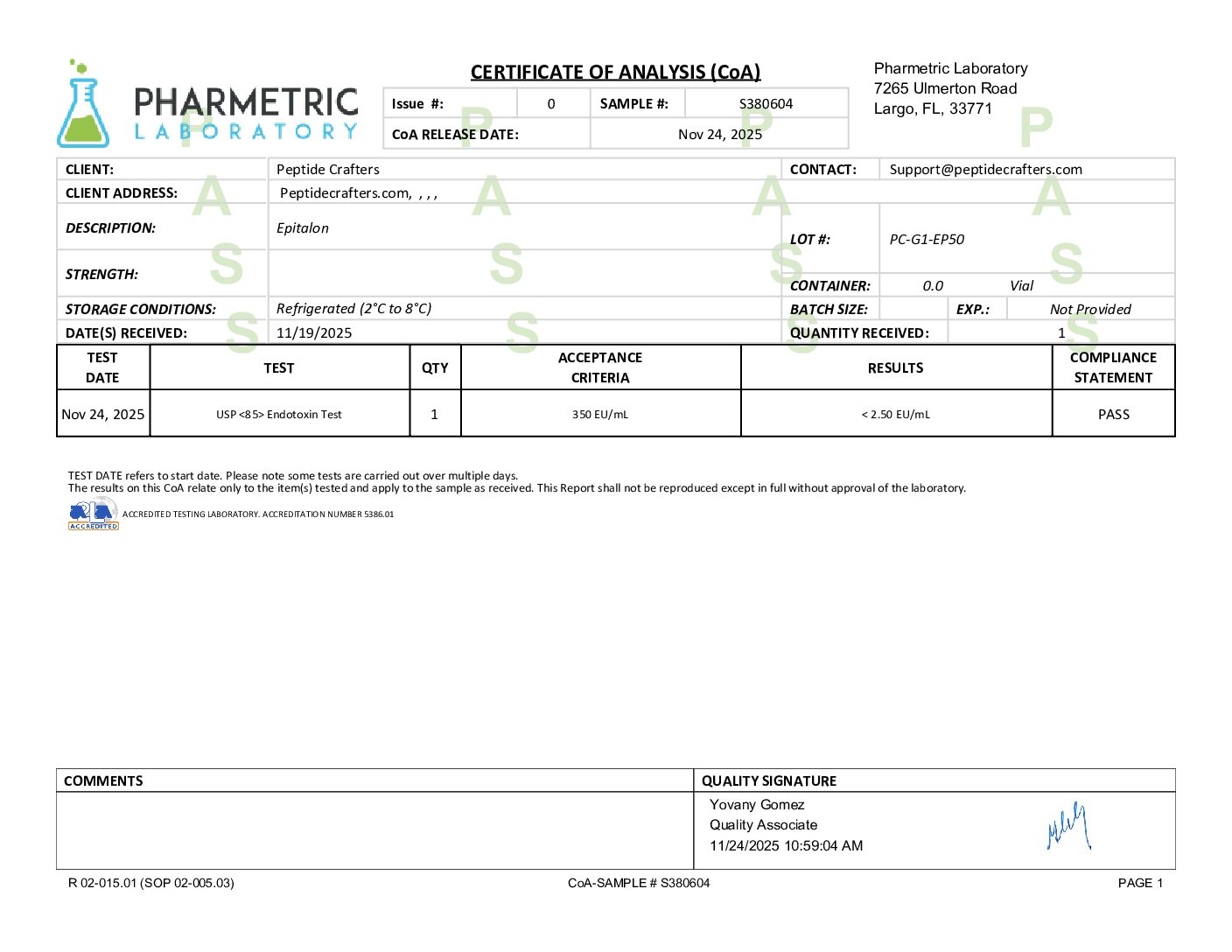 Certificate of Analysis for Epitalon (Epithalon) (80mg) from Peptide Crafters