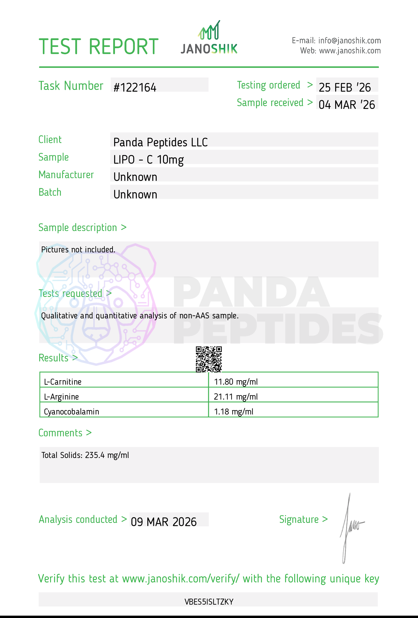 Certificate of Analysis for Lipo-C with B12 10mL from Panda Peptides