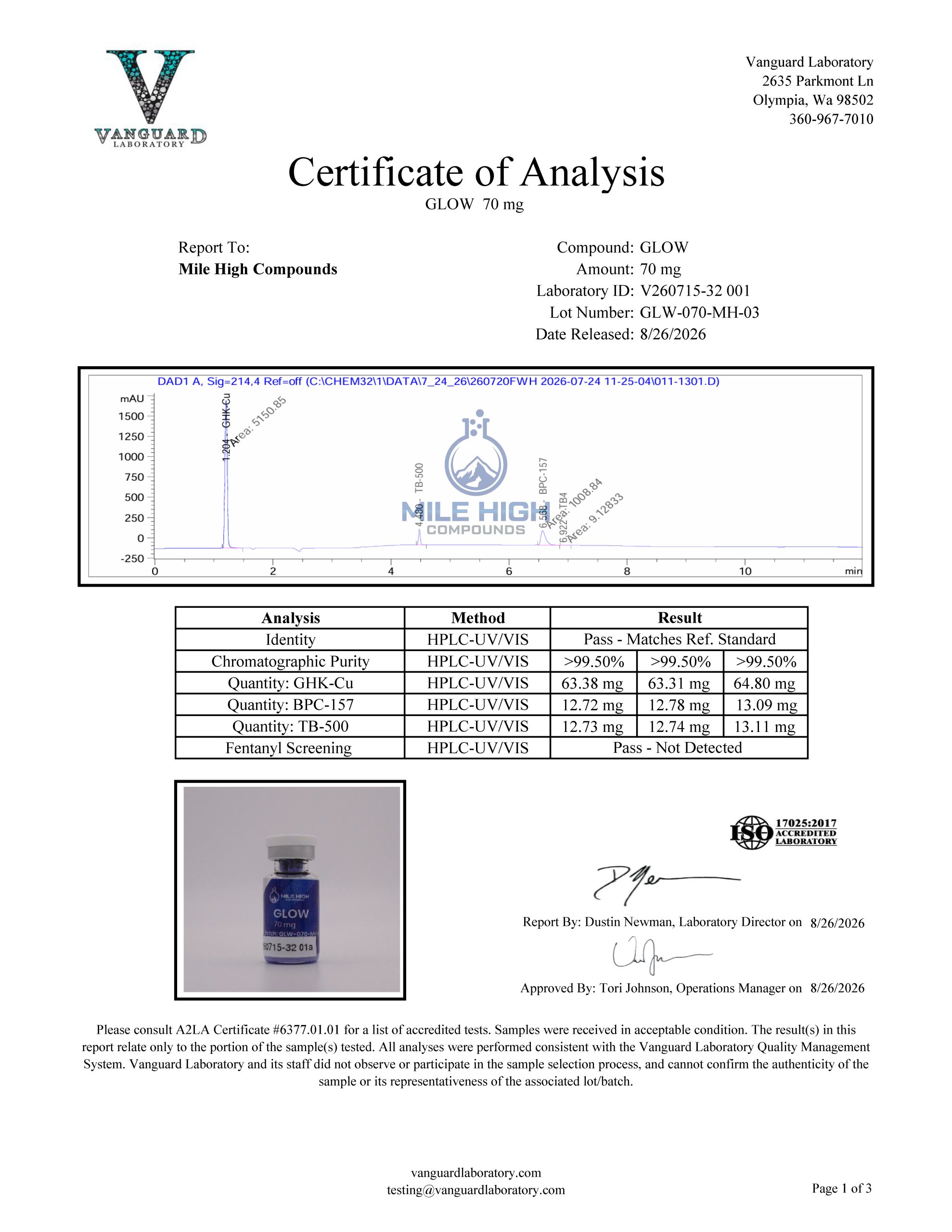 Certificate of Analysis for Glow 70 Research Blend from Mile High Compounds