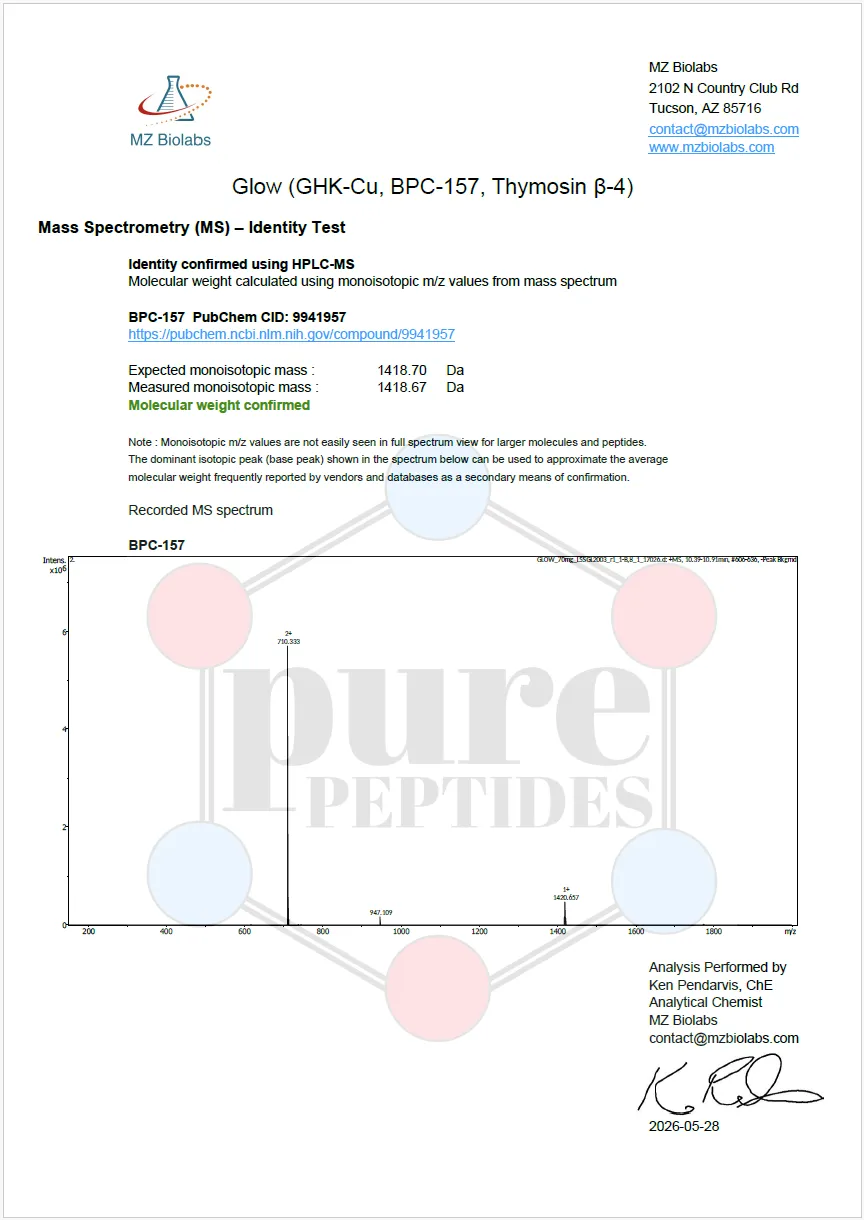Certificate of Analysis for GLOW 70MG from Pure Peptides Bio