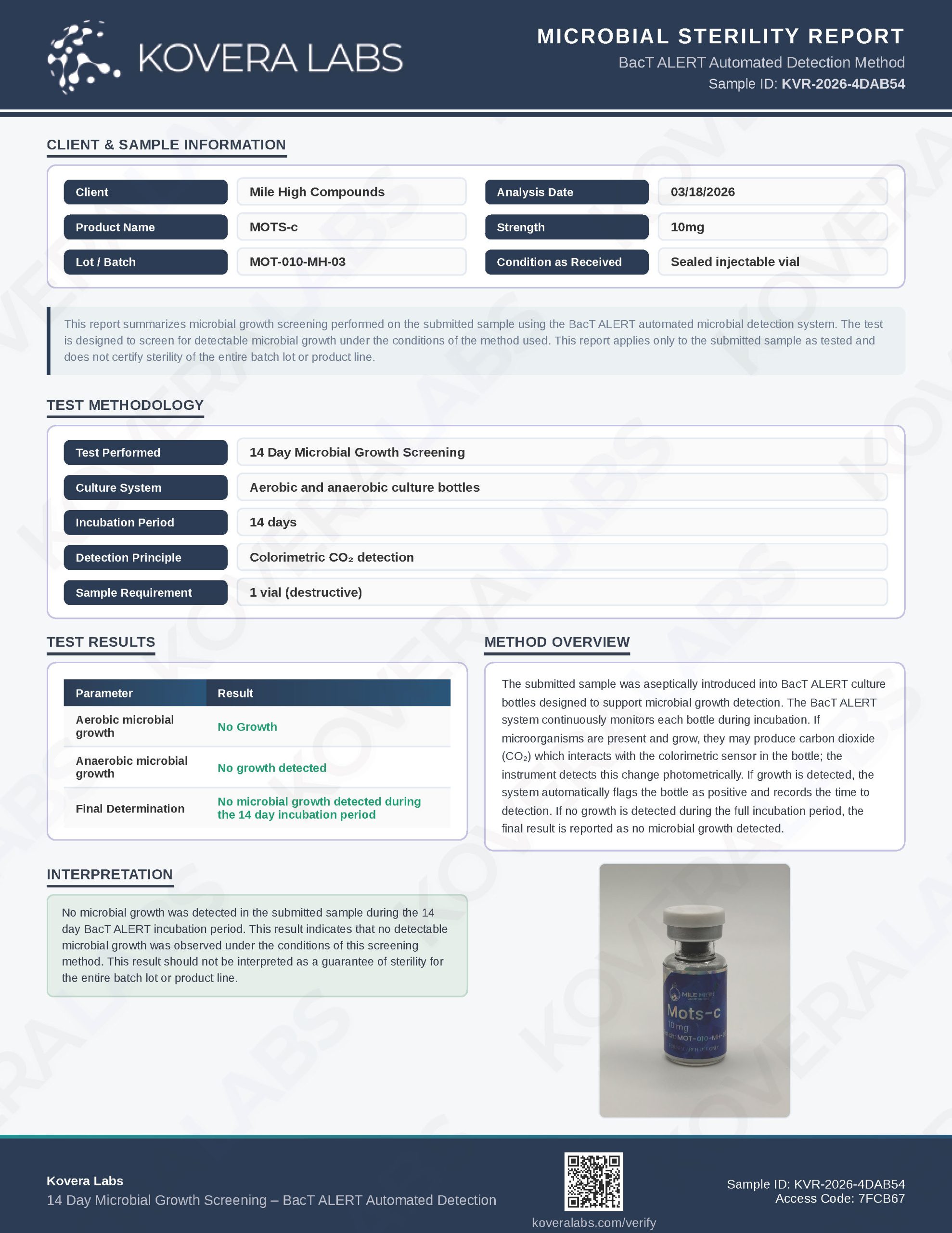Certificate of Analysis for Mots C from Mile High Compounds