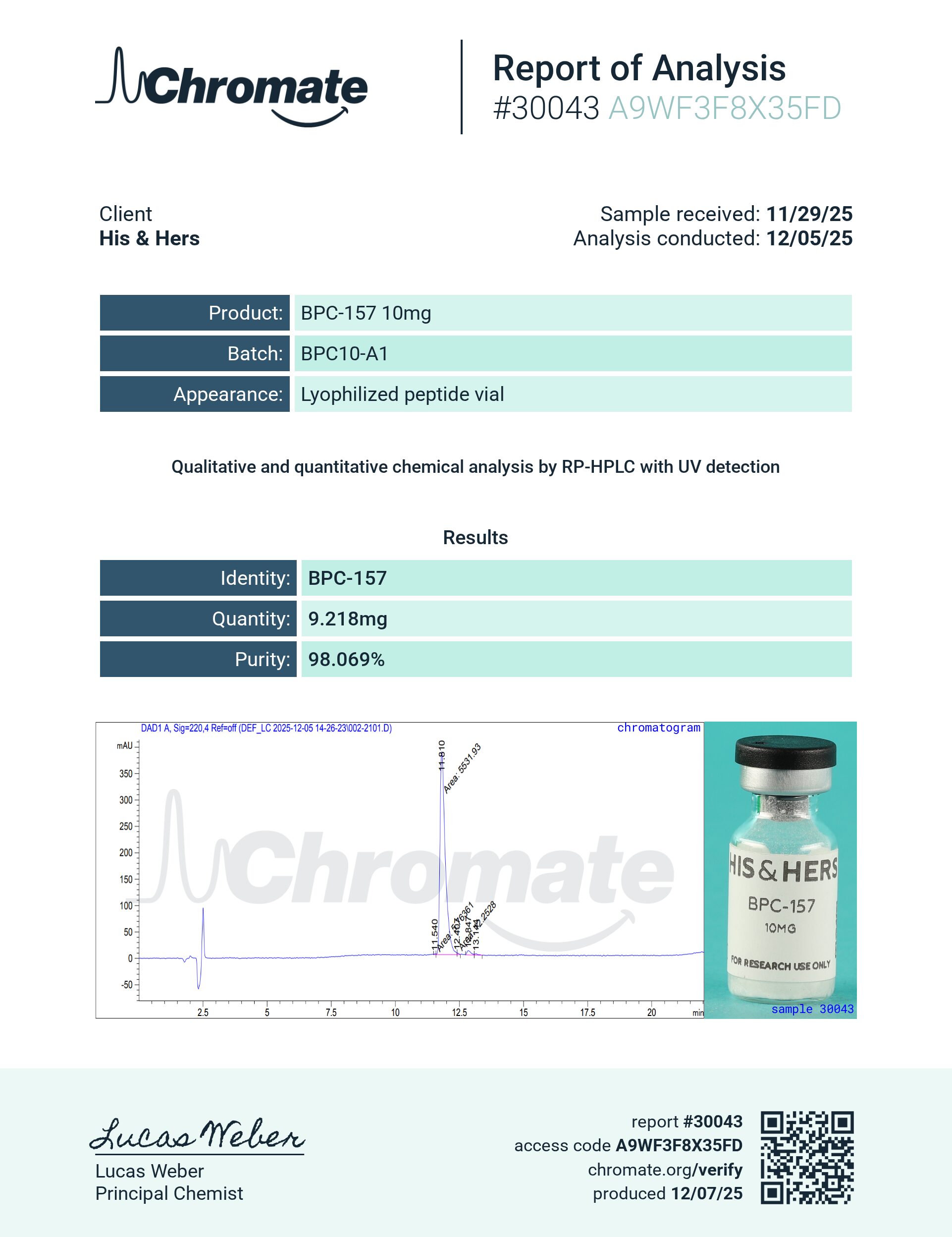 Certificate of Analysis for BPC-157 10mg from VAYN