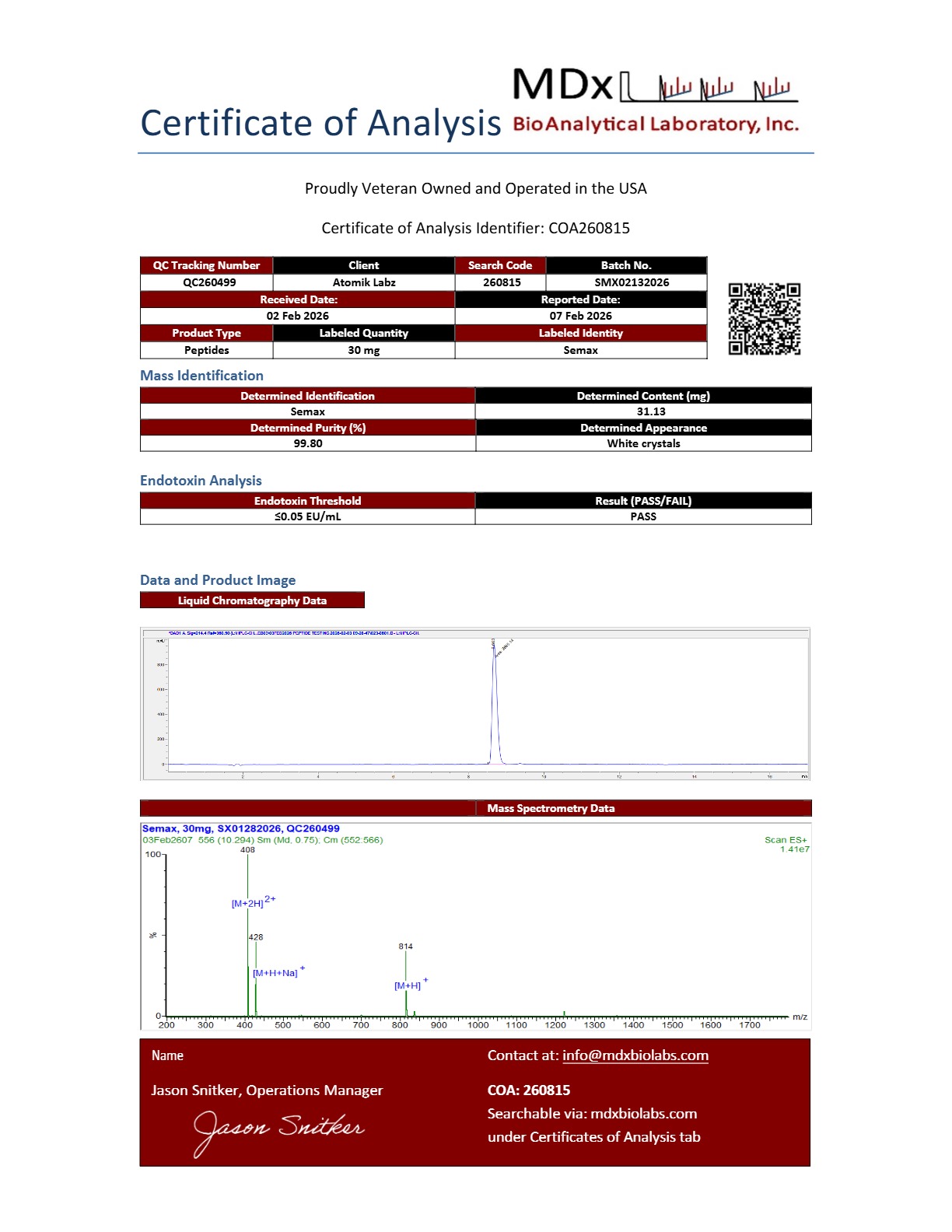 Certificate of Analysis for Semax from Atomik Labz