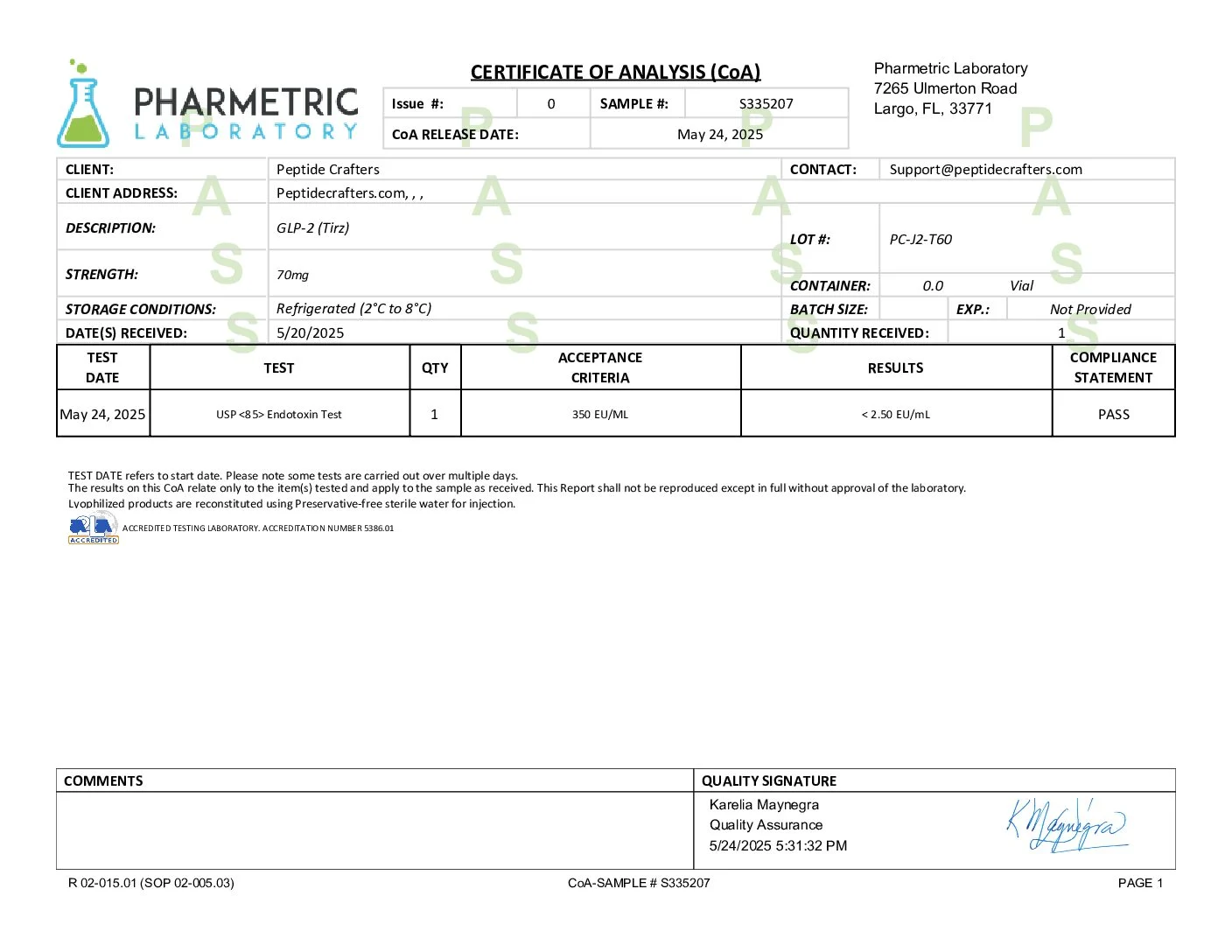 Certificate of Analysis for GLP-2 (T) 70mg - Standard 3mL Capacity Vial from Peptide Crafters
