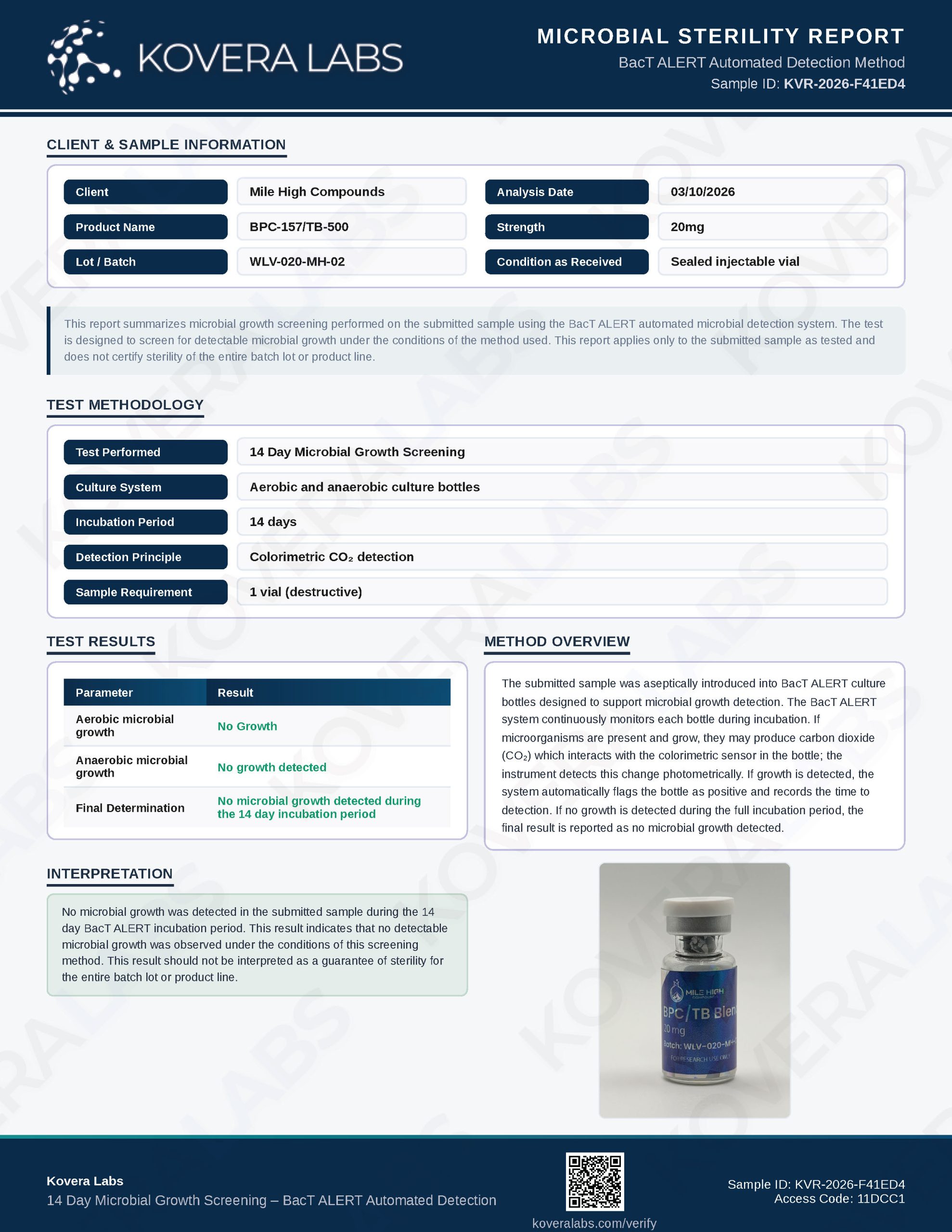 Certificate of Analysis for Bpc 157 Tb 500 Blend from Mile High Compounds