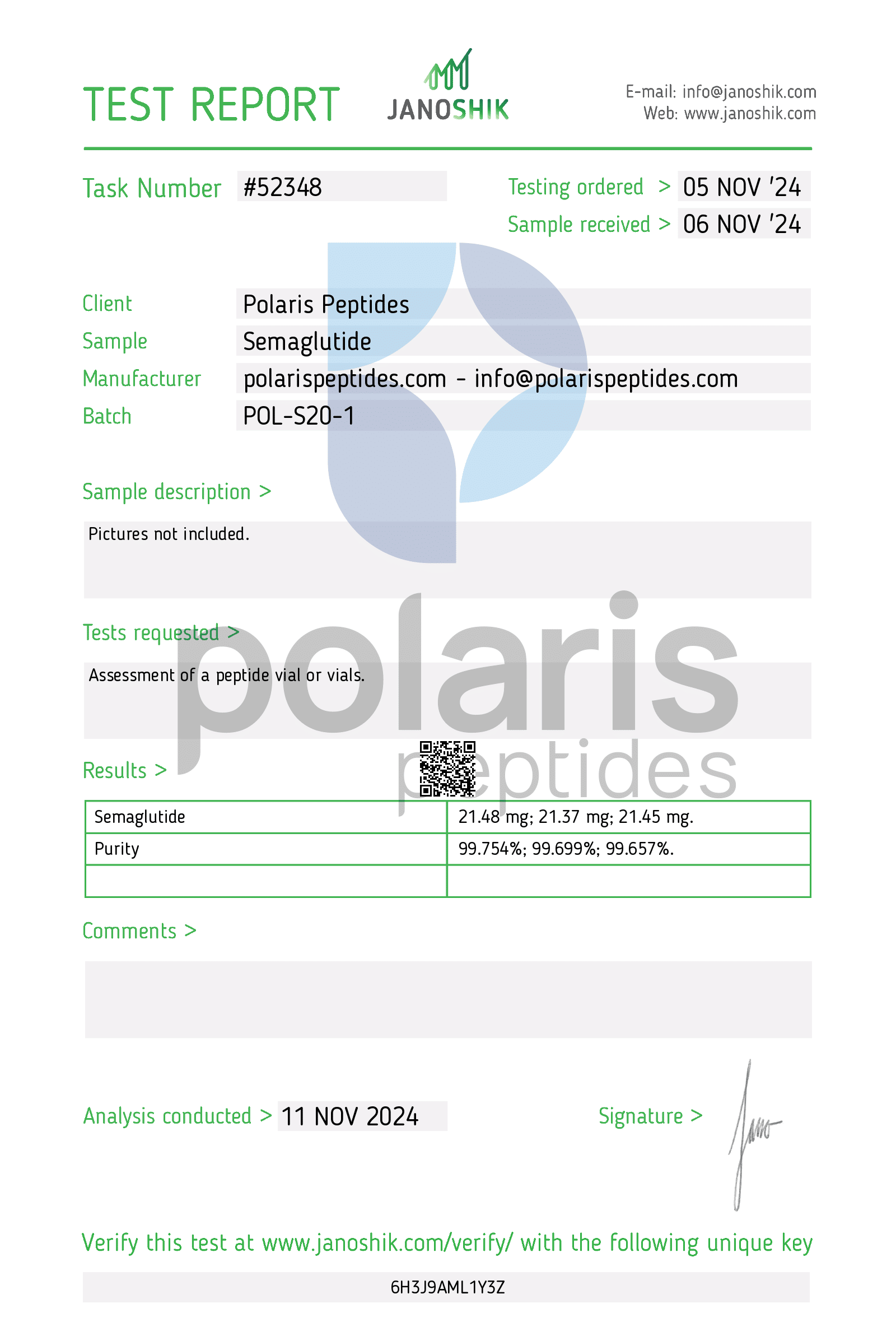 Certificate of Analysis for Semaglutide 20mg from Polaris Peptides