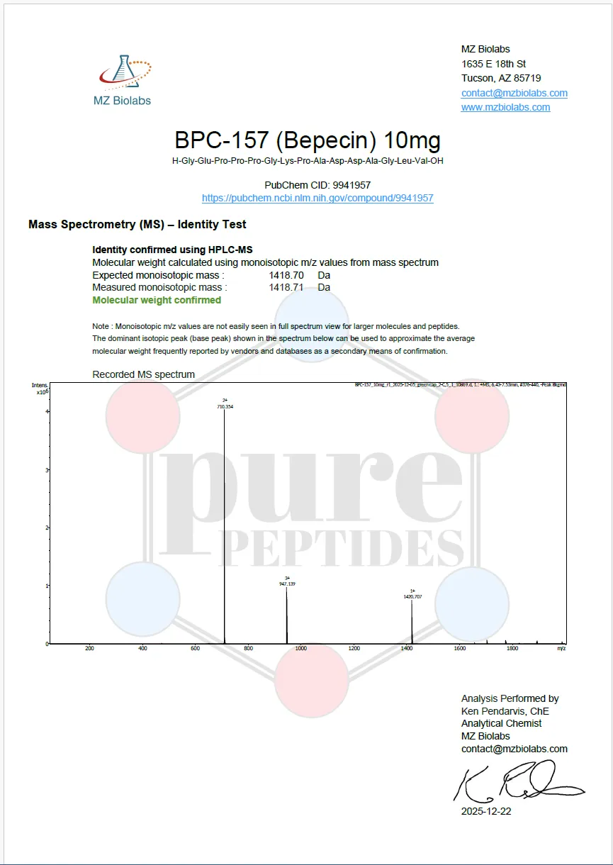 Certificate of Analysis for BPC 157 10MG from Pure Peptides Bio
