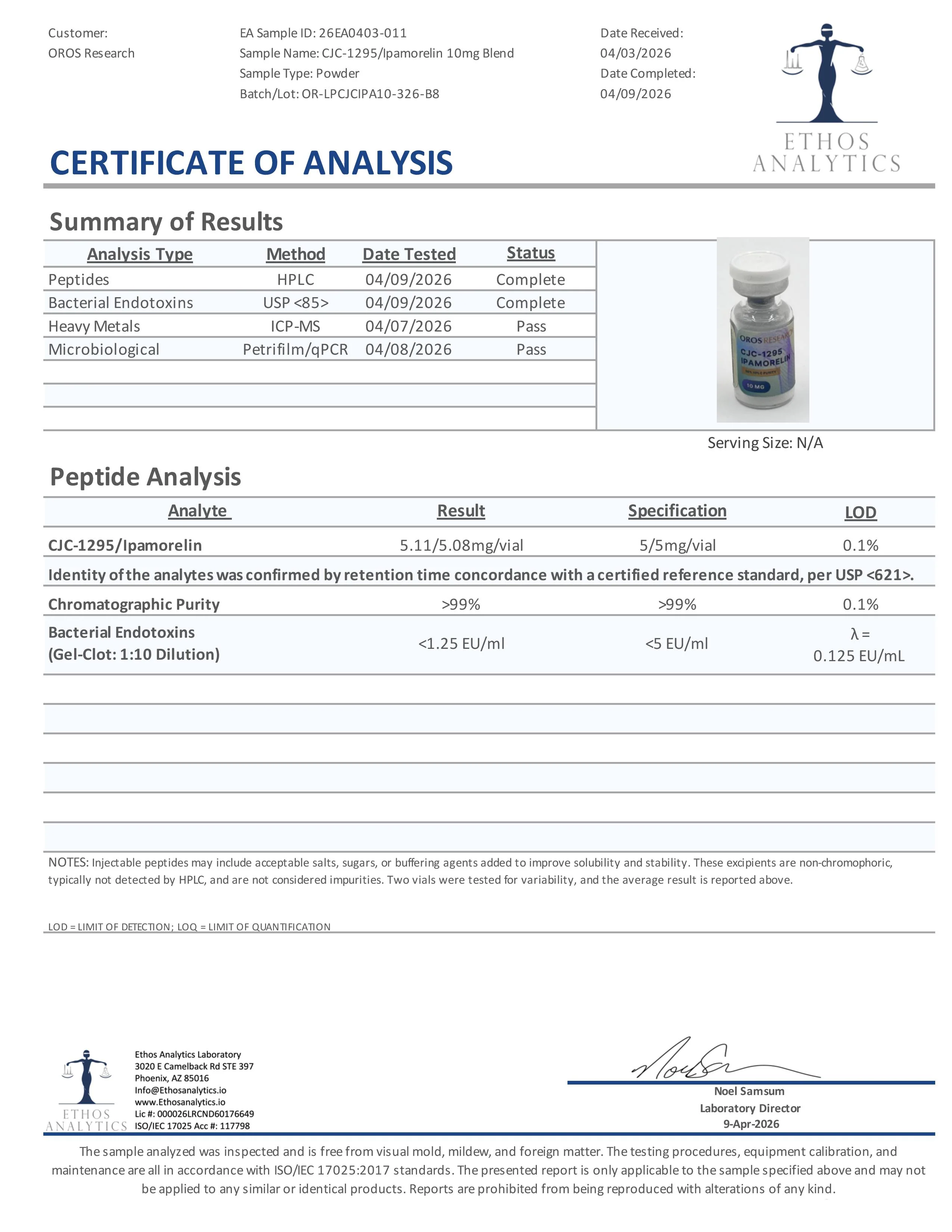 Certificate of Analysis for CJC-1295 / Ipamorelin from Oros Research