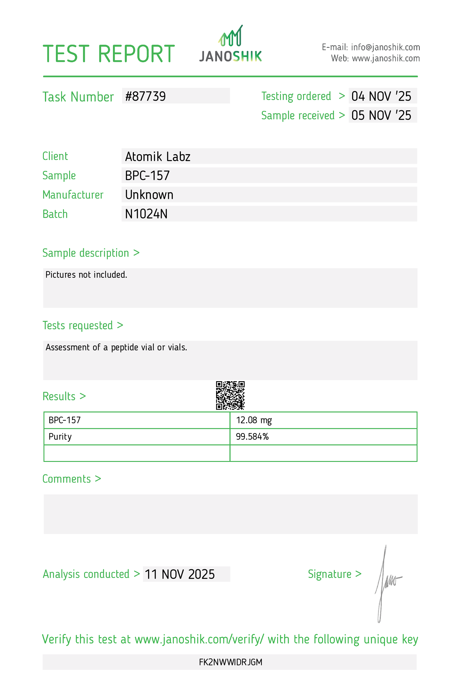 Certificate of Analysis for BPC-157 from Atomik Labz