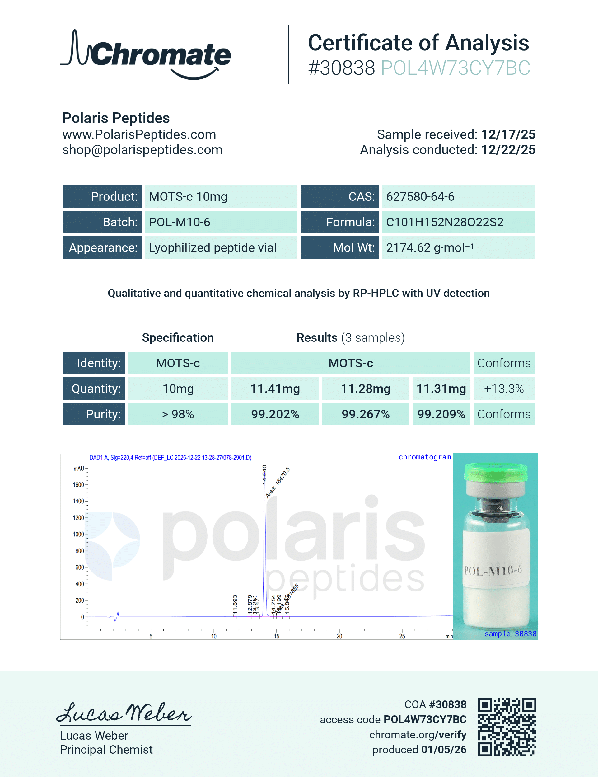 Certificate of Analysis for MOTS-C 10mg from Polaris Peptides