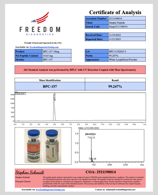 Certificate of Analysis for BPC-157 from Simple Peptide
