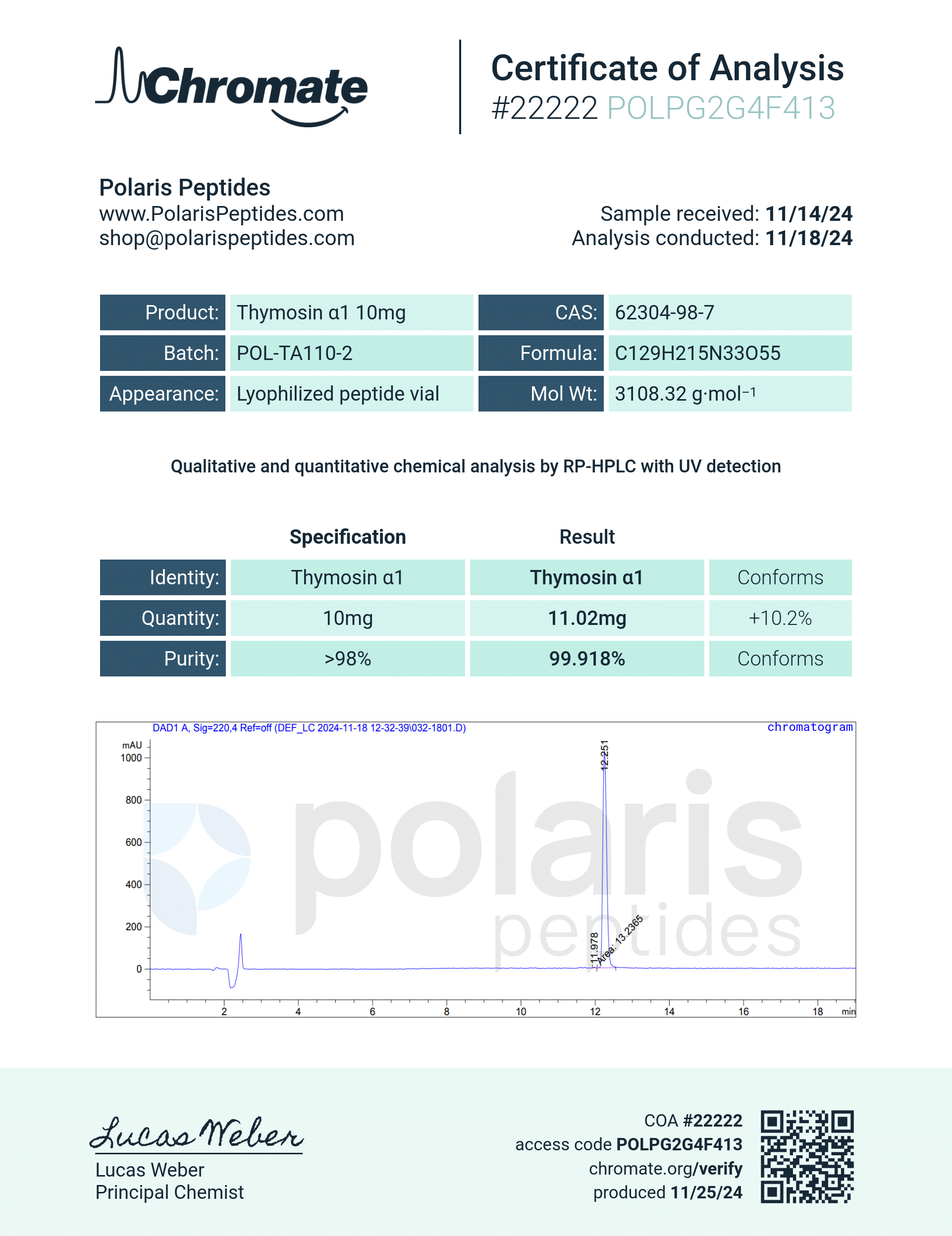 Certificate of Analysis for Thymosin Alpha-1 10mg from Polaris Peptides