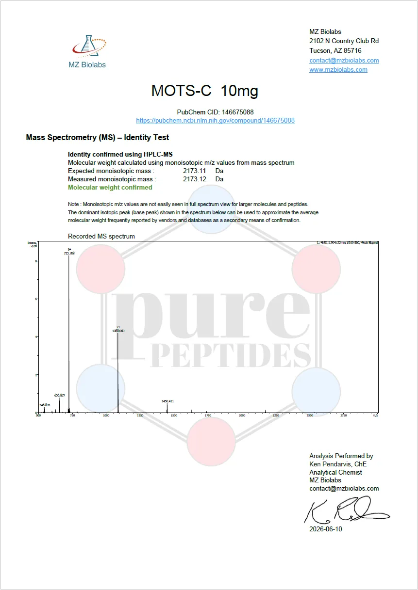 Certificate of Analysis for BUY MOTS C 40MG from Pure Peptides Bio