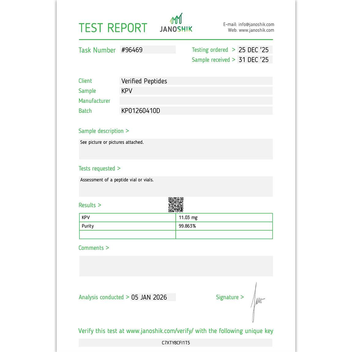 Certificate of Analysis for KPV Peptide (10MG) from Verified Peptides