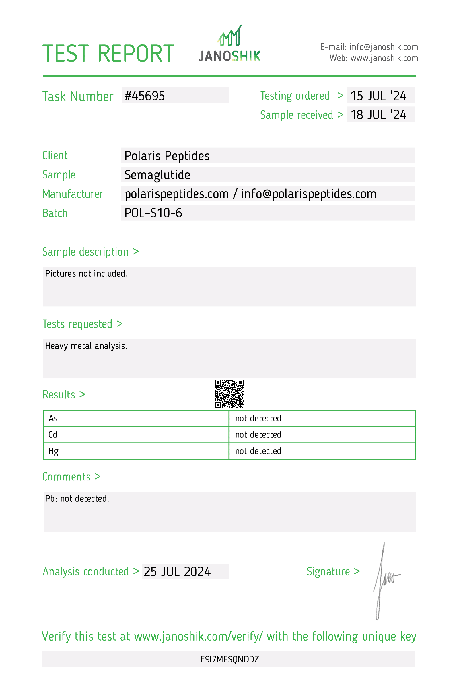 Certificate of Analysis for Semaglutide 10mg from Polaris Peptides