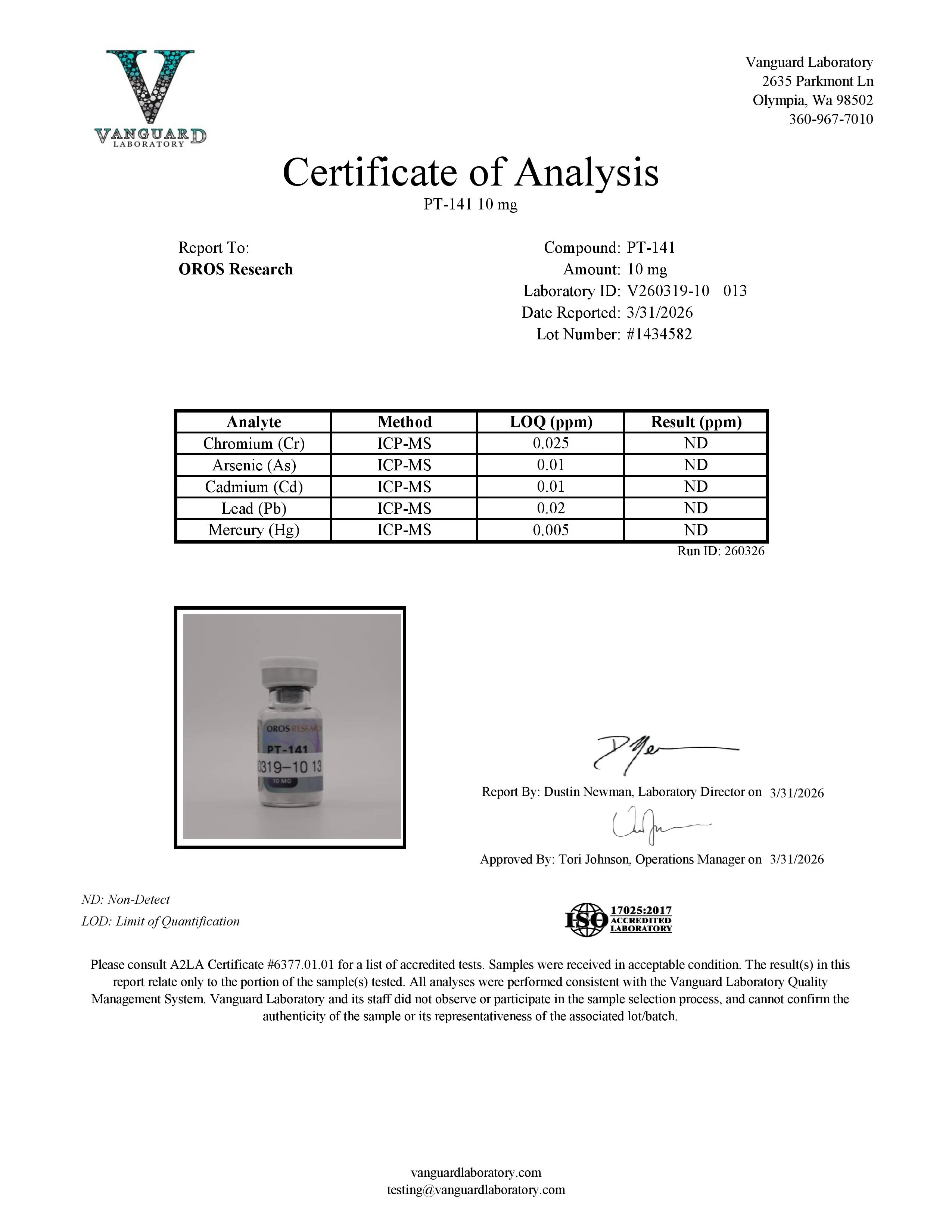 Certificate of Analysis for PT-141 from Oros Research