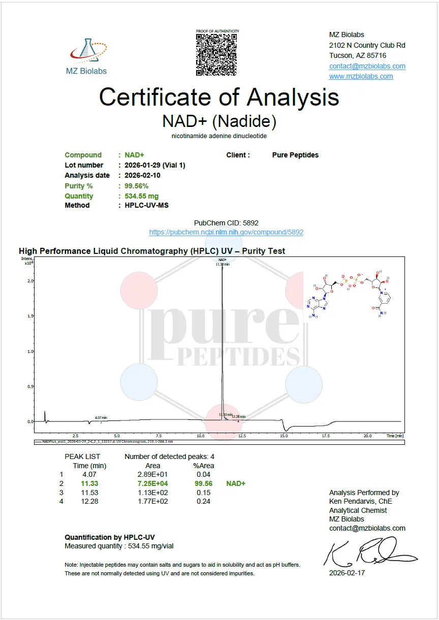 Certificate of Analysis for NAD 500MG from Pure Peptides Bio