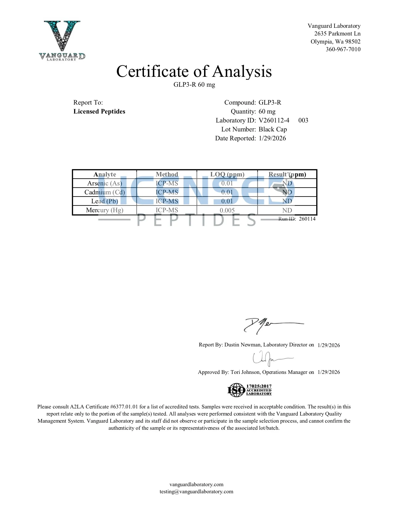 Certificate of Analysis for Retatrutide from Licensed Peptides