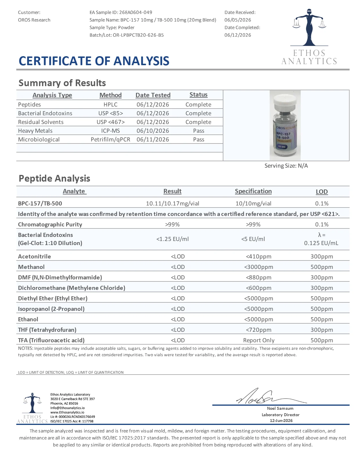 Certificate of Analysis for Wolverine - BPC-157 / TB-500 from Oros Research