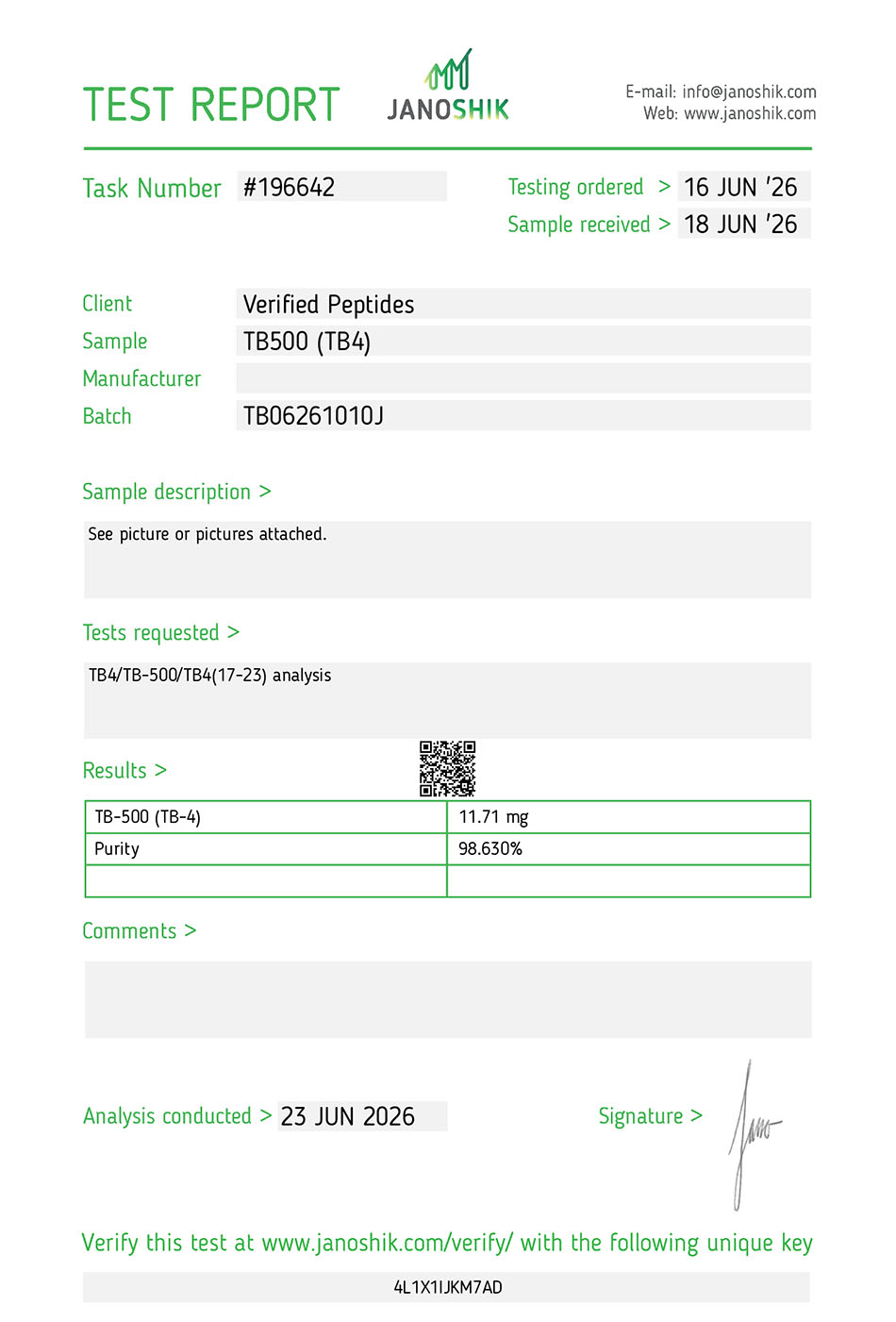 Certificate of Analysis for TB-500 Peptide (TB4) 10MG from Verified Peptides