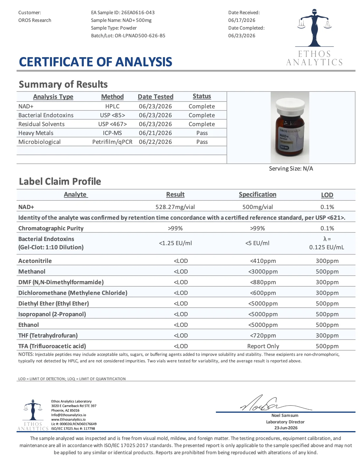 Certificate of Analysis for NAD+ from Oros Research