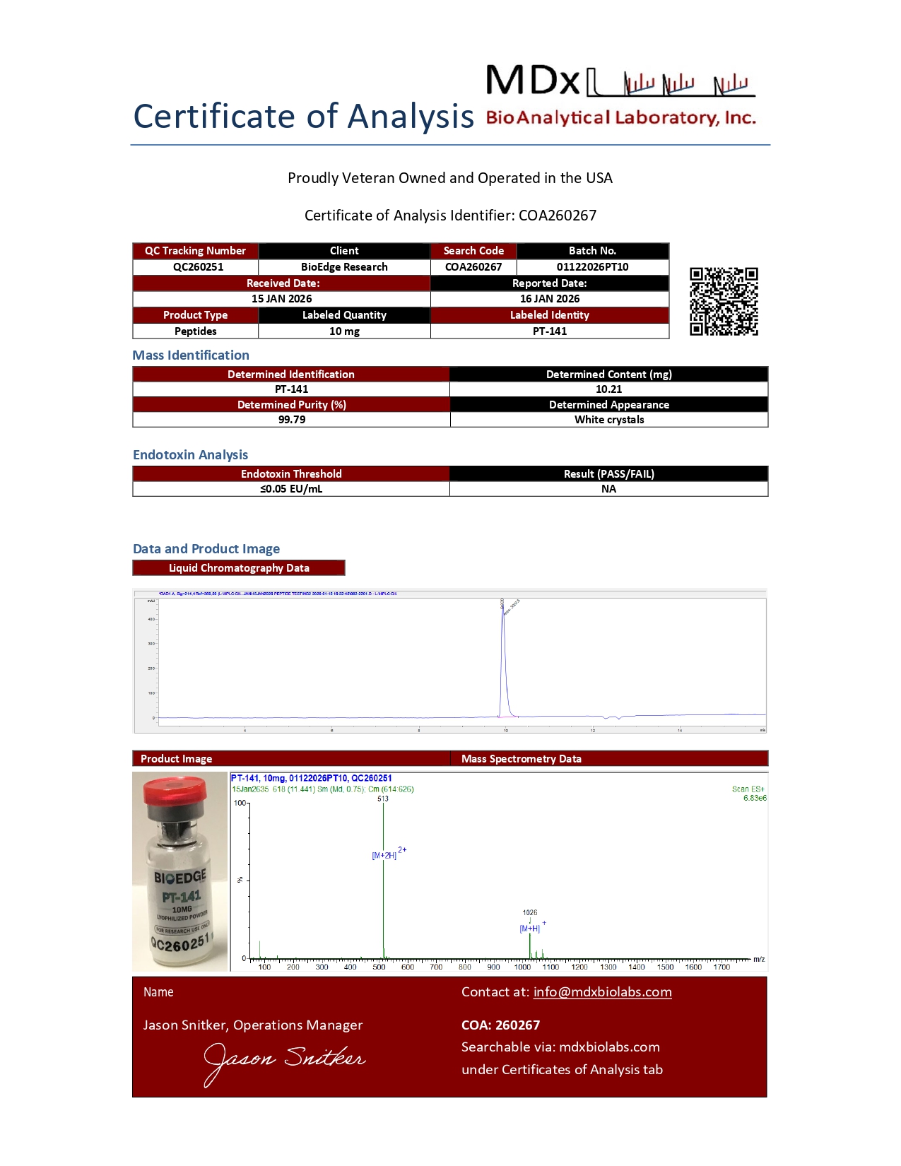 Certificate of Analysis for PT-141 (10mg) from BioEdge Research Labs