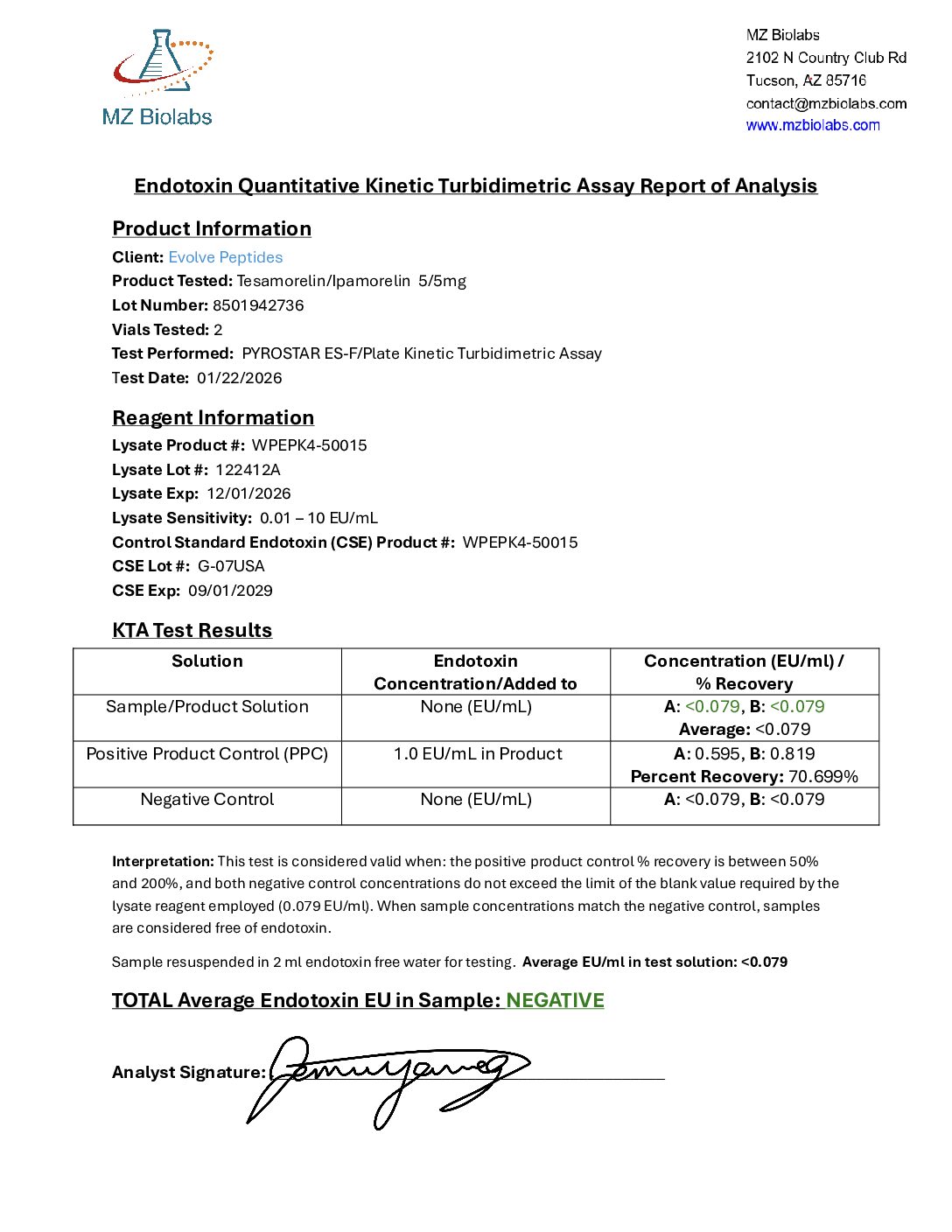 Certificate of Analysis for null from Evolve Peptides