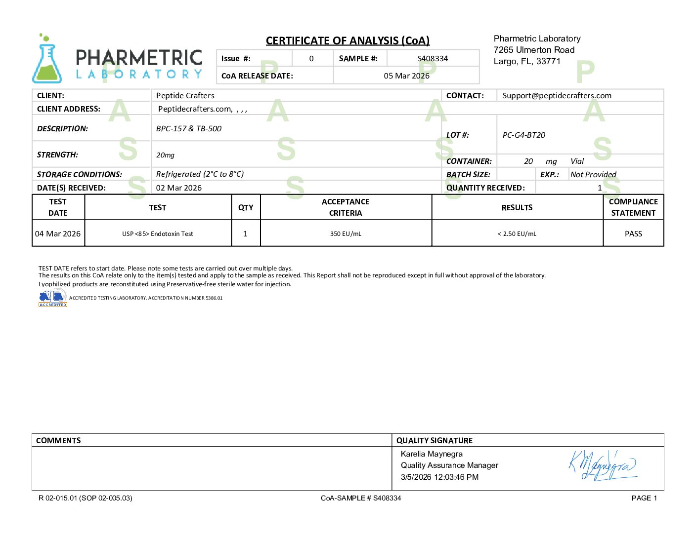 Certificate of Analysis for BPC-157 & TB-500 20mg (10mg/10mg) Blend from Peptide Crafters