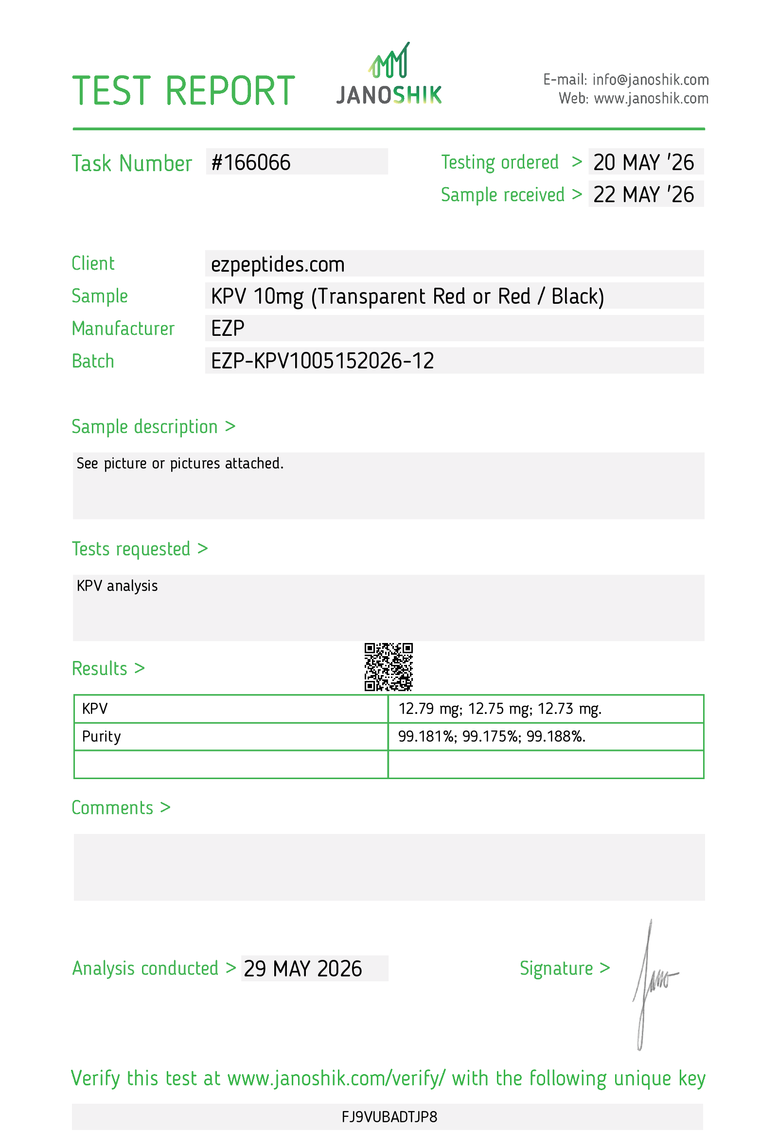 Certificate of Analysis for KPV 10mg from EZ Peptides