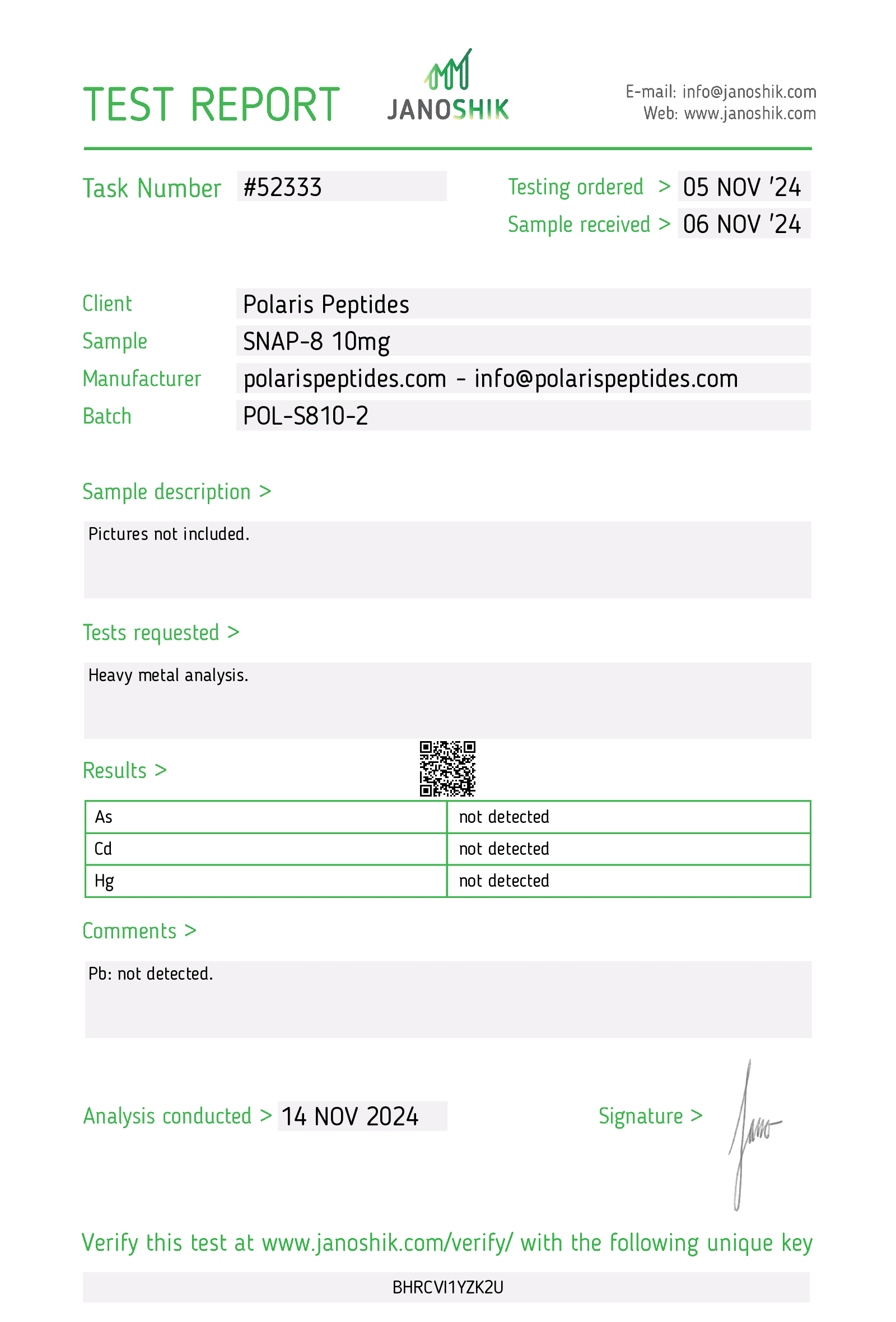 Certificate of Analysis for SNAP8 10mg (Topical) from Polaris Peptides