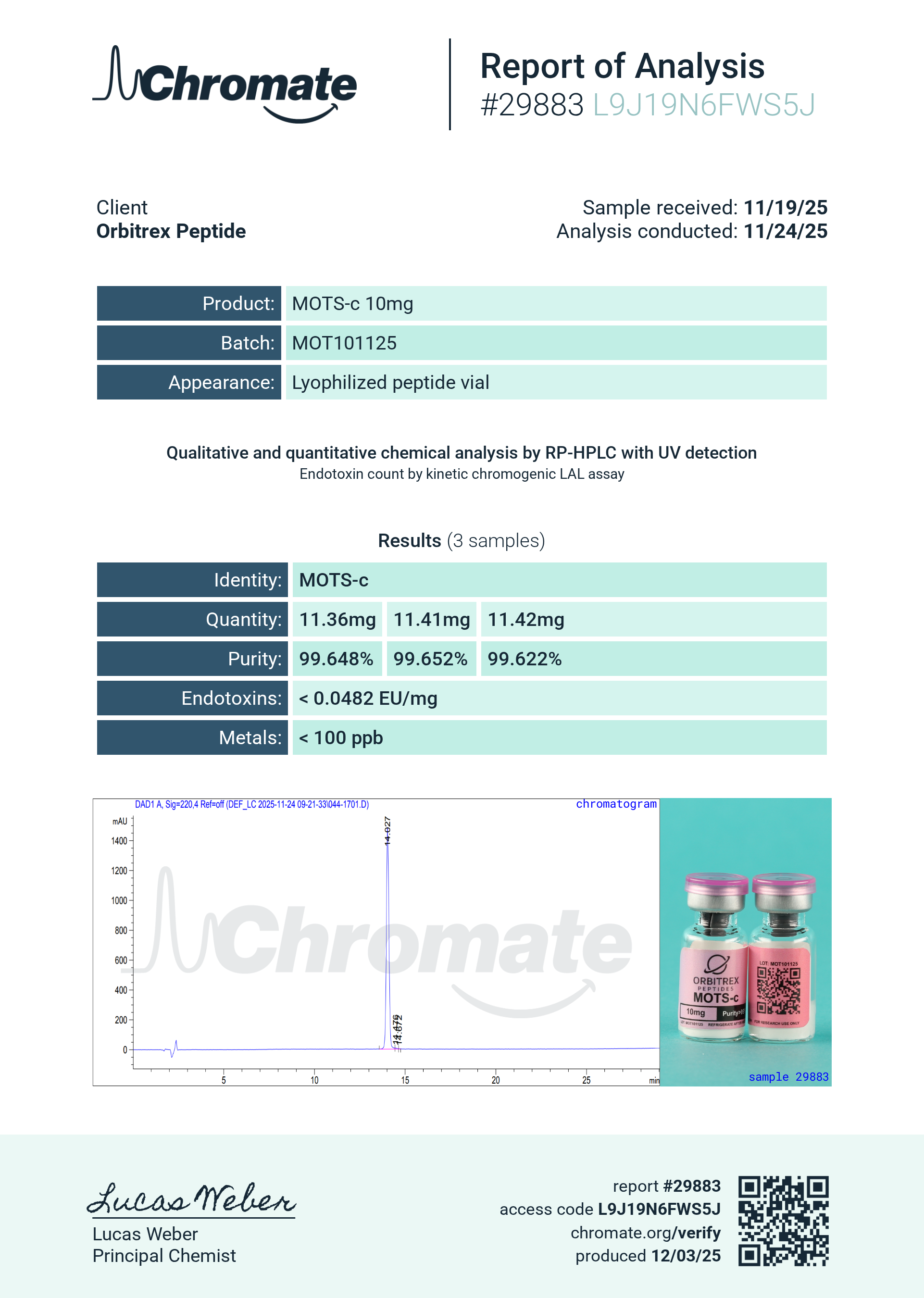 Certificate of Analysis for MOTS-c from Orbitrex Peptides