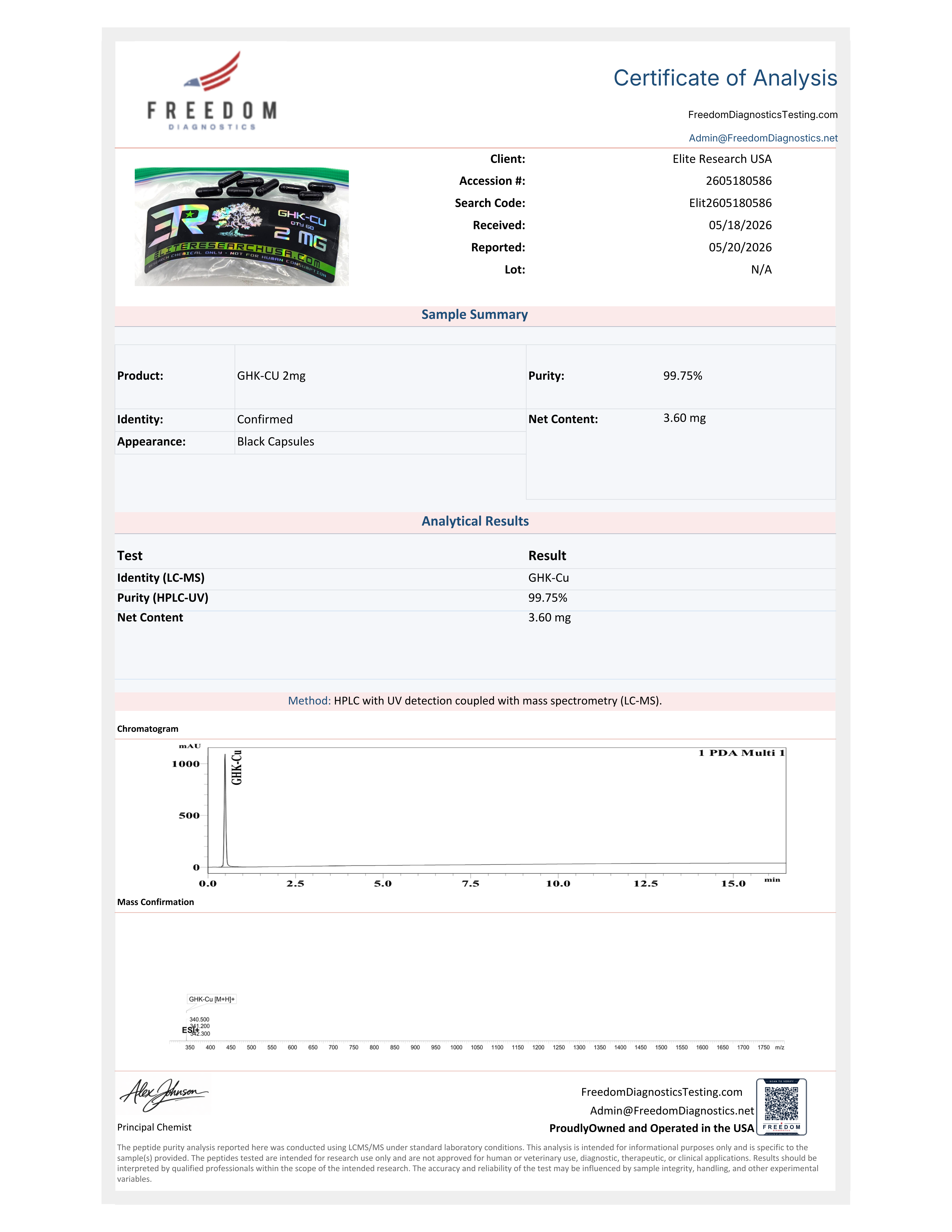 Certificate of Analysis for Freedom Diagnostics COA from Elite Research USA
